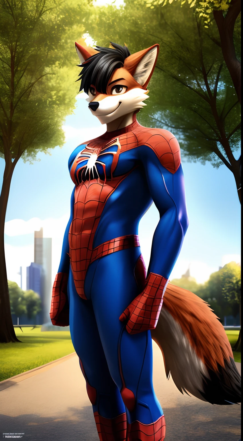 masterpiece, (male red furred wolf), (short black hair), smiling, at the park, good illumination, soft shadows, detailed face, smiling, sunshine, brown eyes, detailed body, anthro, male, looking to the camera, full body, (spider man suit), (fluffy tail), full body, standing, anime, 3D