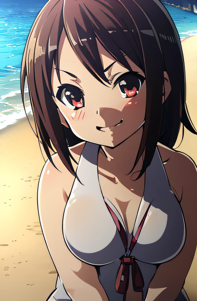 ((masutepiece)), ((Best Quality)), (Ultra-detailed), Anime style, Beach, Cut girl s, 1girl in, Solo, Micro Bikini 00, ((Beautiful eyes)), large full breasts, Smile