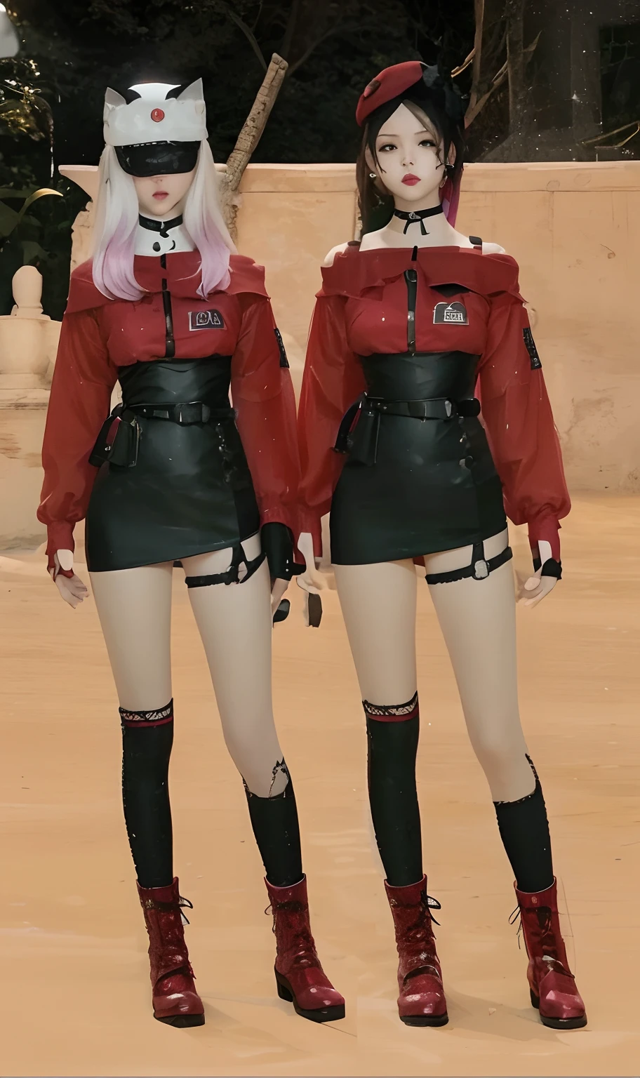 2girl, undawn game,1 girl white and pink hair,1 girl black and purple hair,1 girl long hair, 1 girl short hair, red and black dress,1 girl with red hat, reallistic, ultra detail, 70mm lens,beautifull face,