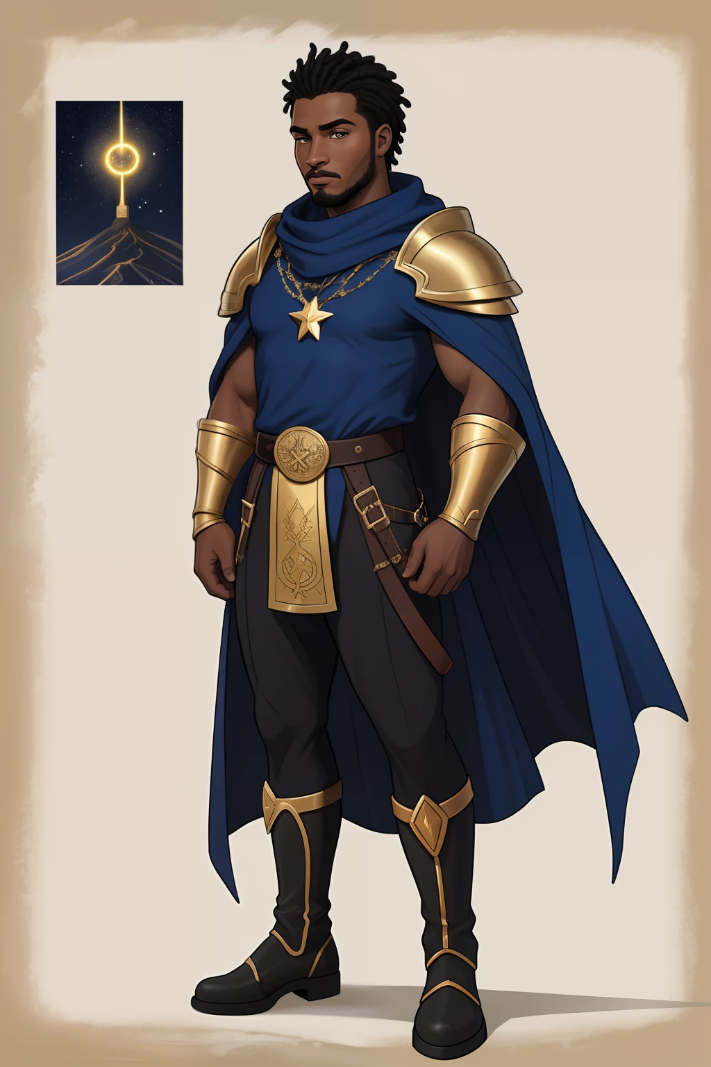 Lua silvershade , Color Parts , caderno de desenho , dark sketch , corajoso e realista , mistura de linhas escuras e no papel , Rotating character sheet ,  corpo inteiro , mysterious symbols , Discurso , Tema escuro ,  clear partially braided fluttering , lindas , Bonito , roupas de couro acolchoadas bordadas com Discurso , Modesto , botas de couro bordadas com Discurso ,Pintura digital.Character description: 
Star of Cape Verde is a hero inspired by the flag of Cape Verde. Its path reflects the cores of the flag, simbolizando paz, unidade, Determination and spirit. He wears a golden belt with discreet tribal elements in reference to Cape Verdean culture.

allure:

Nuclei: Azul profundo, branco e vermelho.
Dez estrelas douradas representam as 10 principais ilhas de Cabo Verde.
Mantenha o mesmo estilo de roupa, Short hair and practical footwear in all views.
Personalidade: 
Courageous and dedicated to the protection of Cape Verde, Estrela de Cabo Verde busca a paz e a harmonia. He is a symbol of pride and hope for the Cape Verdean people.

Poderes e Habilidades:

Controle estelar: Manipula luz, Energy and Constellations.
Supernatural strength and agility.
Connection with nature to invoke natural elements