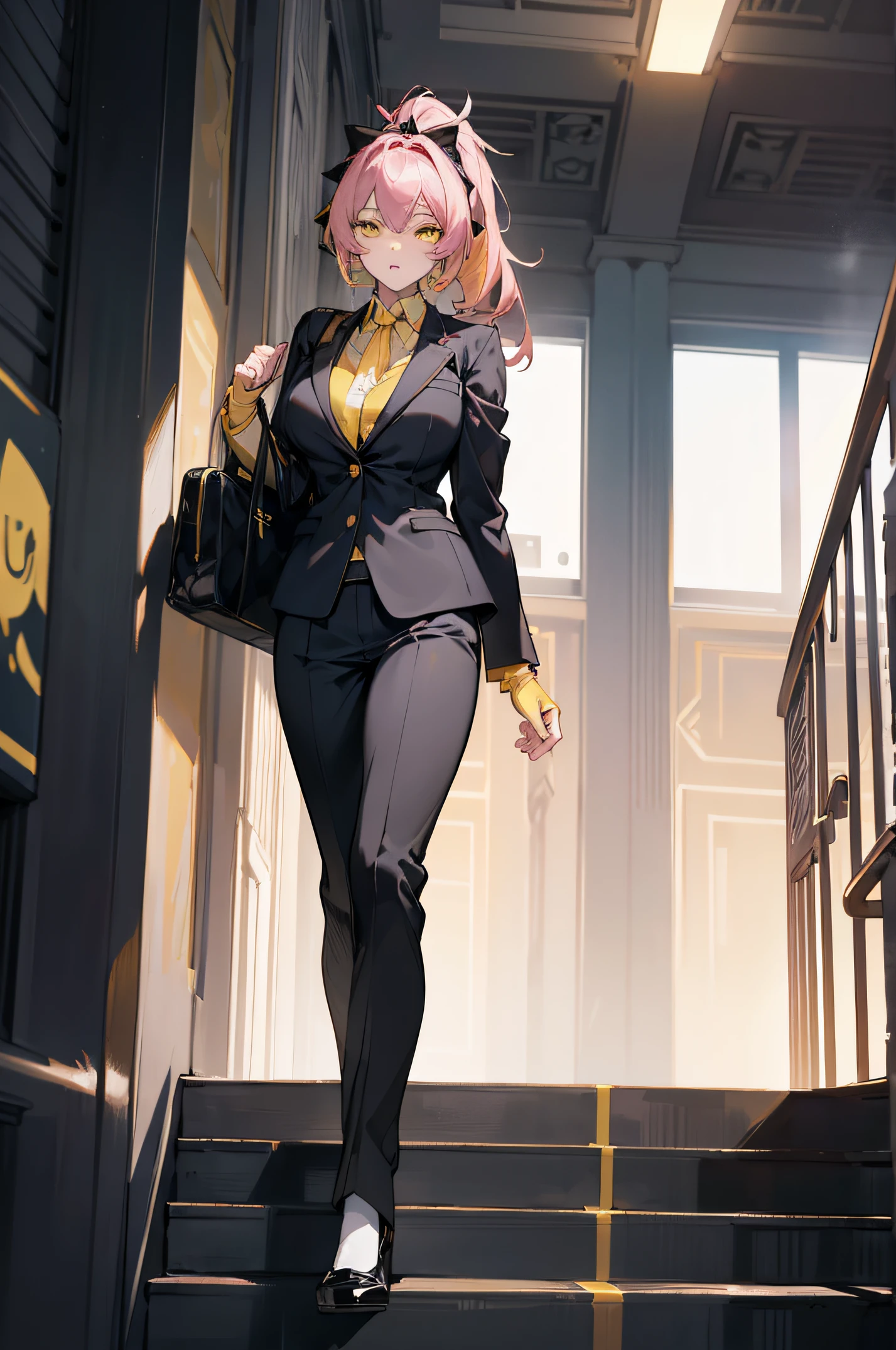 (masterpiece, best quality, detailed),1girl,mature female,pale skin,huge breasts,mikajougasaki, mika jougasaki, hair bow, pink hair, (yellow eyes:1.5), ponytail, in a suit walking down a flight of stairs, smooth anime cg art, girl in a suit, girl in suit, wearing a strict business suit, in a strict suit, in strict suit, office clothes, anime full body illustration, walking to work,clean detailed anime art,high resolution, (perfect hands, perfect anatomy),