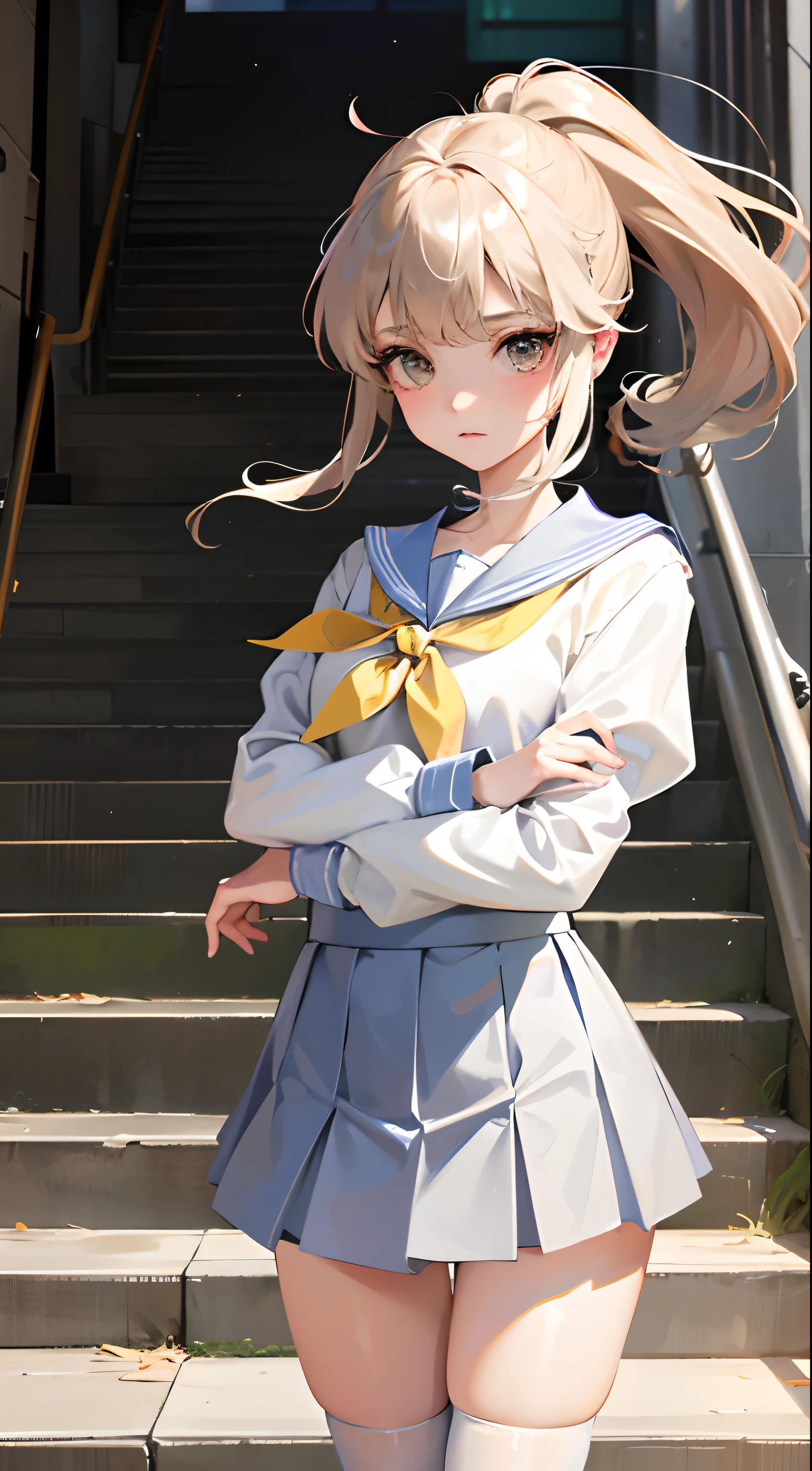 1人の女性、top-quality、kawaii、Ashamed、poneyTail、Even miniskirts、white  panties、Beige Panty Hose、Mini skirt flipping、gust of wind、heavy wind、stairs at school、In the middle of the stairs、