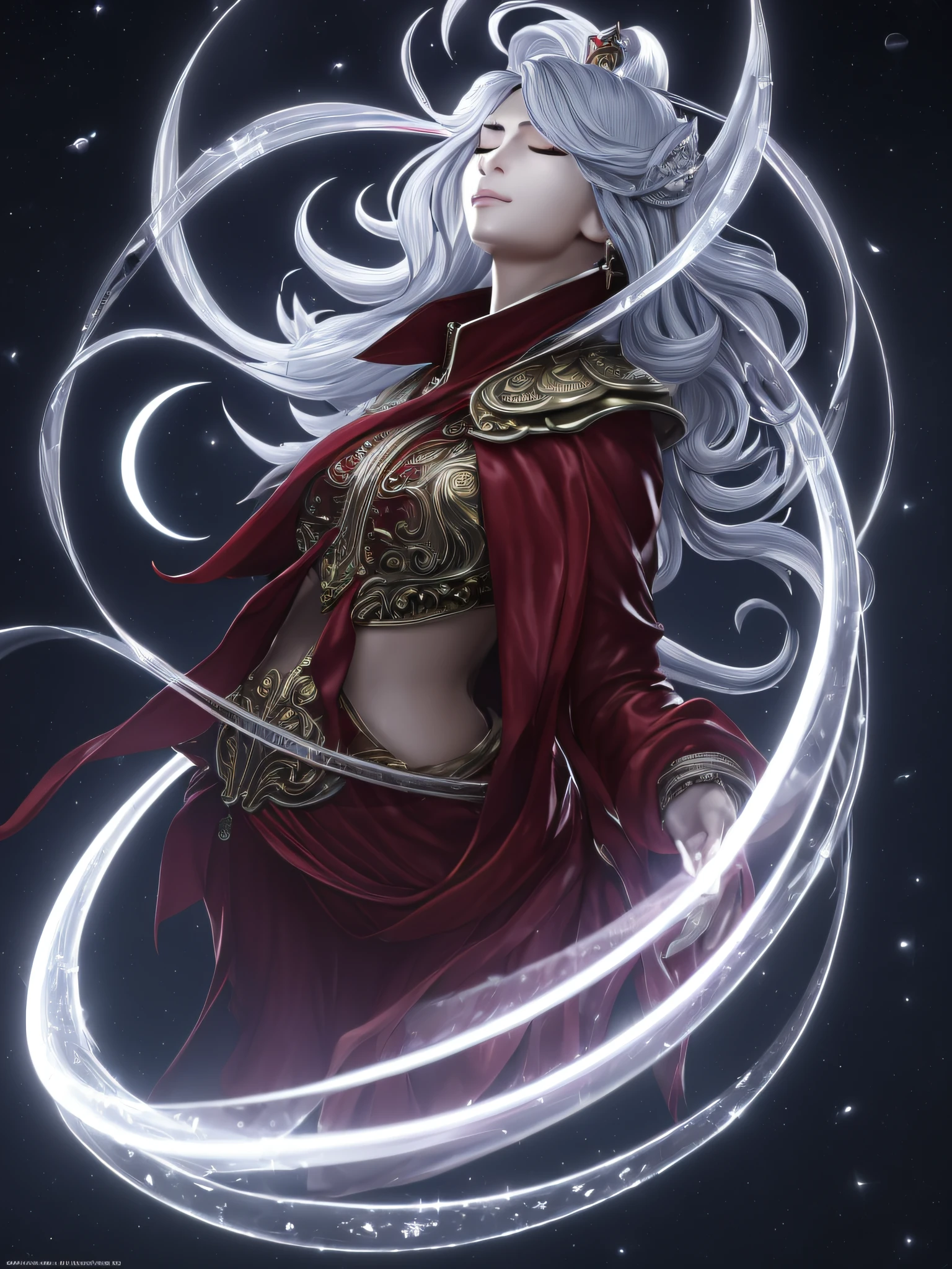 3d render of,(masterpiece), best quality,a Floating beautiful details sculpture of Goddess Ushas Hindu Mythology ,cutting edge classy beauty,(Beautiful delicate glowing eyes), delicate beautiful face, delicate beautiful sexy lips,symmetrical body,(floating rotating crystal moon), silver hair, long bangs, hair between the eyes, red ice ribbon, red ice brow, red gauze cover, (half-closed eyes:1.5),Red Jacket Sleeves, background round beautiful details of flower shape huge full moon, colorful, green rotating moon magic, beautiful details rotating magic moon, beautiful translucent flowing crystal petals, (sacred light),future,insanely detailed and intricate, concept art, ornate, luxury, elite, elegant, Detail Painting Luki, CG Social Contest winner, Fantasy Art, Voluminous VFX smoke, photo via 5000000px, tetrachromatic, Dipping Gold Powder Gloss Glaze,godlike, dreamlike, octane render global illumination, UHDR, symmetrical artwork,Tyndall light effect.popular on ArtStation, popular on Pixiv,popular on deviantart.