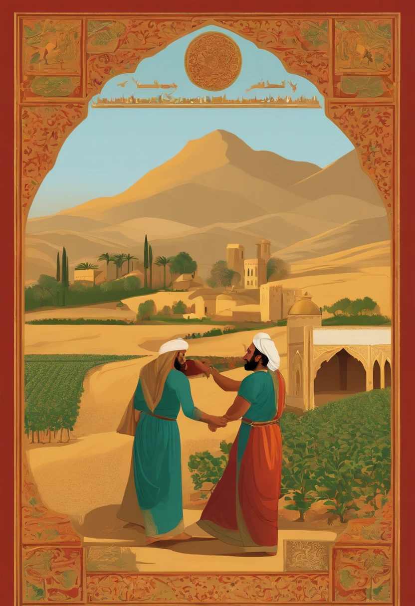 A bustling farmlands in ancient Ancient Persia. A tax collector yells angry at a farmer who is crying