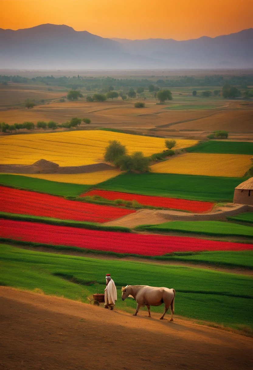 A bustling farmlands in ancient Ancient Persia. A tax collector yells angry at a farmer who is crying