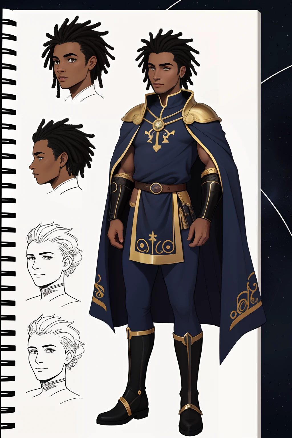 Lua silvershade , Color Parts , caderno de desenho , dark sketch , corajoso e realista , mistura de linhas escuras e no papel , Rotating character sheet , corpo inteiro , mysterious symbols , Discurso , Tema escuro , clear partially braided fluttering , lindas , Bonito , roupas de couro acolchoadas bordadas com Discurso , Modesto , botas de couro bordadas com Discurso ,Pintura digital.Character description:
Star of Cape Verde is a hero inspired by the flag of Cape Verde. Its path reflects the cores of the flag, simbolizando paz, unidade, Determination and spirit. He wears a golden belt with discreet tribal elements in reference to Cape Verdean culture.
allure:
Nuclei: Azul profundo, branco e vermelho.
Dez estrelas douradas representam as 10 principais ilhas de Cabo Verde.
Mantenha o mesmo estilo de roupa, Short hair and practical footwear in all views.
Personalidade:
Courageous and dedicated to the protection of Cape Verde, Estrela de Cabo Verde busca a paz e a harmonia. He is a symbol of pride and hope for the Cape Verdean people.
Poderes e Habilidades:
Controle estelar: Manipula luz, Energy and Constellations.
Supernatural strength and agility.
Connection with nature to invoke natural elements