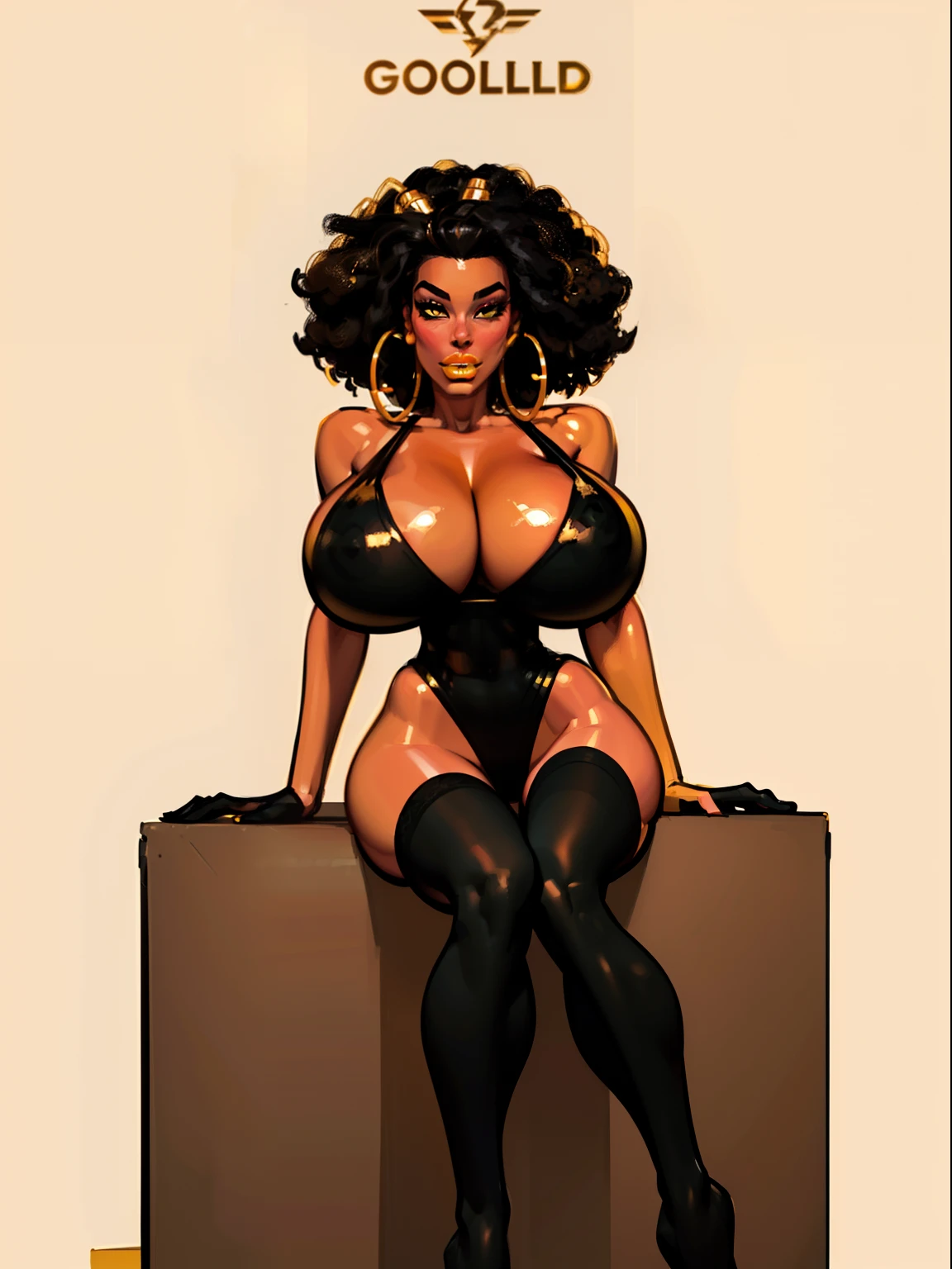 ((masterpiece)),(((best quality))),((character sheet)), ((full body view)) ((black woman)) ((afro combed to sides)) ((seductive pose)) mature face, defined cheekbones, high cheekbones, illustration, girl, muscular, ((afro:1.4)), sexy bimbo, (gigantic breasts:1.7) black hair, ((detailed face:1.4)) beautiful woman, (yellow leotard:1.4), (gold hoop earrings:1.6), (thighhighs:1.4) (yellow lipstick:1.5) , shiny skin, scribbles and marks,(puffy lips:1.5) , rough sketches, 8k,16k, (simple background, white background: 1.3), yellow and black color palette, brown legs, orange arms, (black skin:1.7)