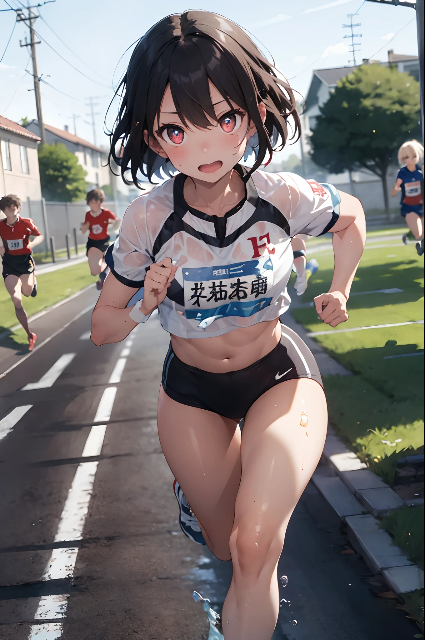 (top-quality、in 8K、32K、masterpiece、nffsw、超A high resolution、Impresionismo、Photorealsitic:1.2)、Angle from above、High angle、cowboy shot、foco nítido、detailed faces and eyes、school ground、athletic field、Evening glow、beauitful face、blurry backround、16-year-old beautiful girl、shinny skin、Sharp pupils、Realistic pupils、Full body, school ground、beauitful face、blurry backround、18 year old beautiful girl、shinny skin、short-hair、Platinum blonde beautiful hair、Red Eyes、(Athletics Costumes、Running:1.3)、thighs thighs thighs thighs、Curve、Dynamic Poses、Navel Ejection、wetted skin、wetting hair、Powerful composition