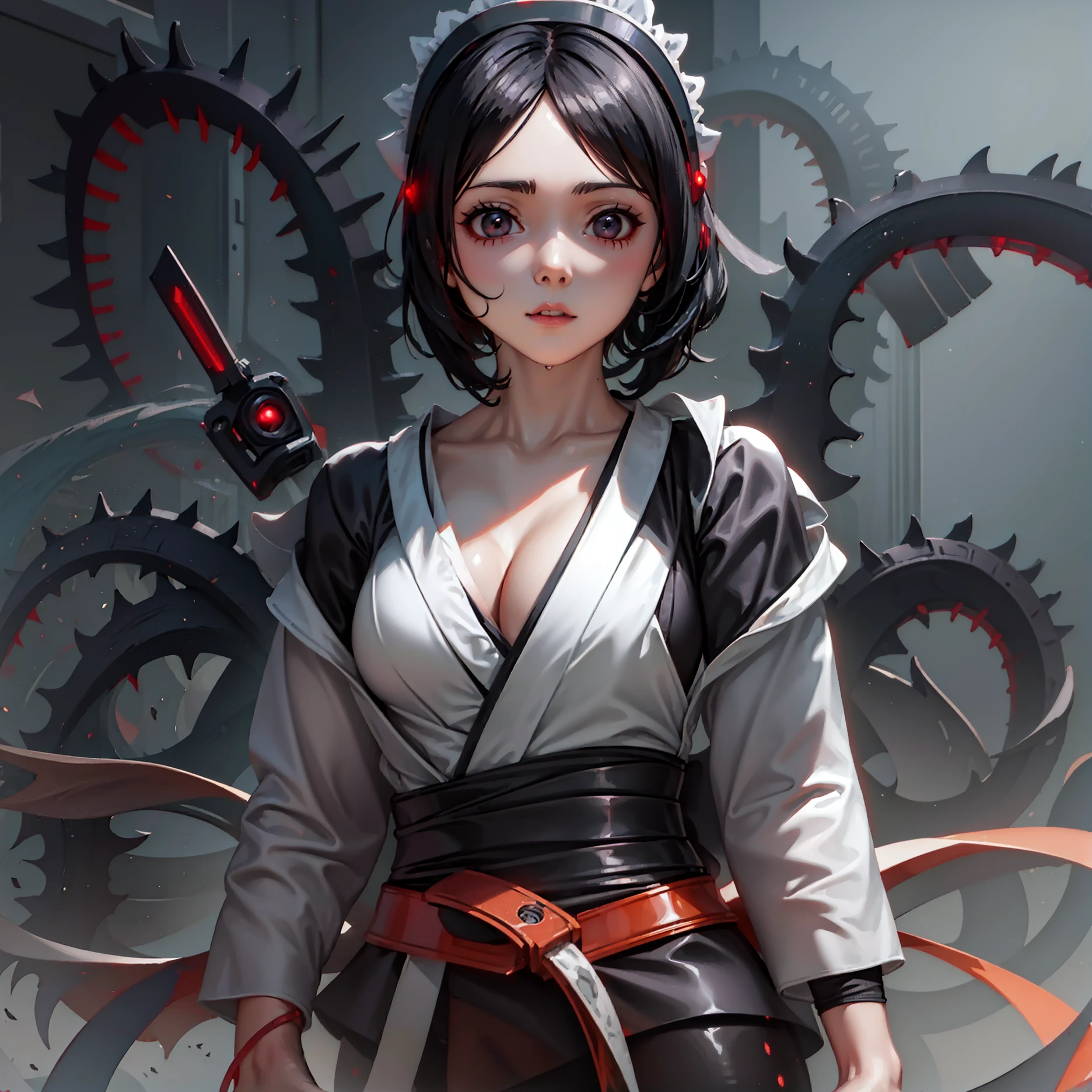 Girl in cyber style maid costume. She's a Dark Fantasy. she has short hair. Latex. Shining eyes. Tentacles extending her. Mechanical tentacles like Giger. Knife at the tip of the tentacle. Curved knife. dark laboratory.