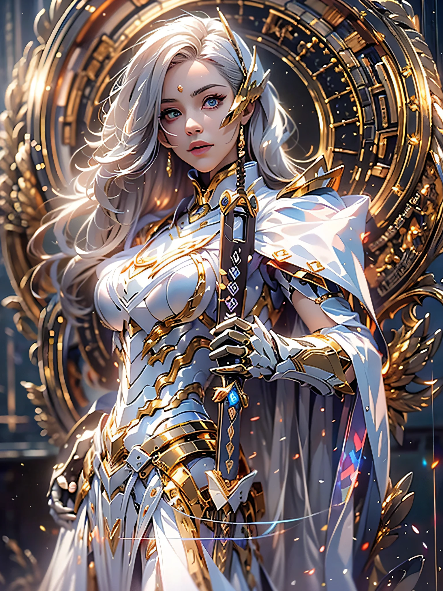 a masterpiece， the best quality， High Quality， （futurism：1.1）， （A paladin holding a light infused sword, light magic, divine, magewave, silver and gold）， movie lights， （Exquisite future）， Beautiful and beautiful， Ultra detailed， Great composition， floating， Depth of field， （Very detailed CG，Unity 8k壁纸）， （Beautiful detail background）， Beautiful hair details， dramatic lights， GOGETTA， mecha，Bestquality，ultrahighres，photorealistic