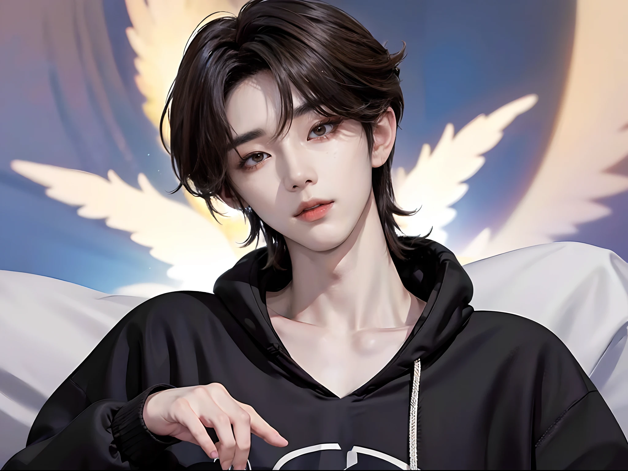 ((4K works))、masterpiece、(top-quality)、((high-level image quality))、((One Manly Boy))、Slim body、((Stylish black hoodie))、(Detailed beautiful eyes)、On the sofa in the stylish living room、Face similar to Chaewon in Ruseraphim、((short hair above the ears))、((Smaller face))、((Neutral face))、((Light brown eyes))、((Korean boy))、((18year old))、((Handsome man))、((Wild look))、((Korean Makeup))、((elongated and sharp eyes))、((Happy dating))、((Hold Me))、((Zoom up to face))、((Face enhancement))、((Focus zoom in))、((Take photos at close range))