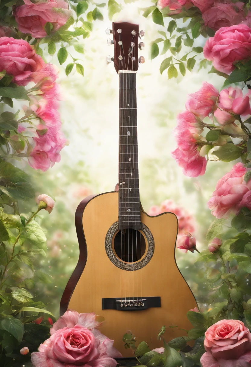 (best quality,realistic),acoustic guitar,surrounded by flowers and vines,artistic,natural lighting,vivid colors,bokeh
