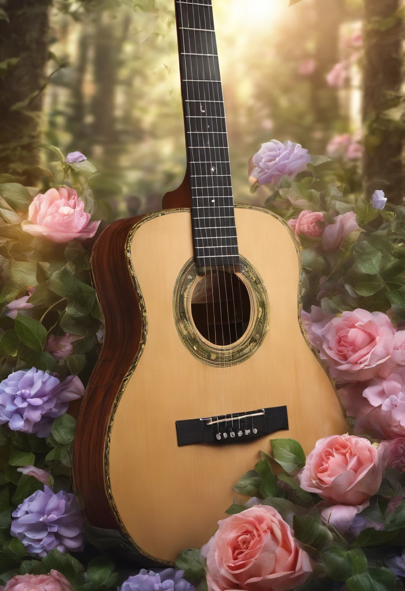 (best quality,realistic),acoustic guitar,surrounded by flowers and vines,artistic,natural lighting,vivid colors,bokeh