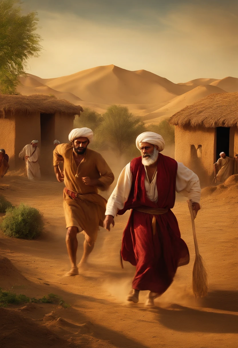 Ancient persia farm. Angry rich man beating poor man farmer.