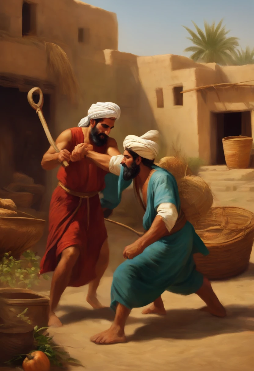 Ancient persia farm. Angry rich man beating poor man farmer.