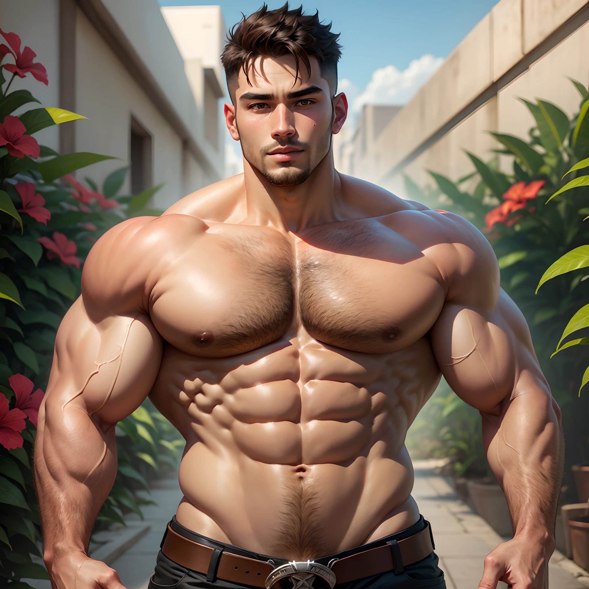 handsome shirtless beefy man, brown skin, roundy face , cheeky , short hair, stocky, holding hibiscus sexy, flirty , 32k --auto --s2