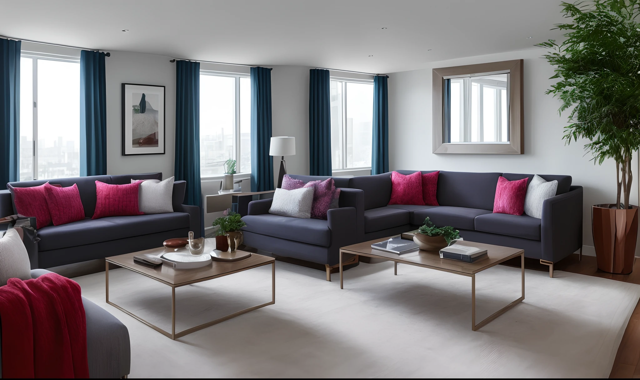 (best quality,4k,8k,highres,masterpiece:1.2),ultra-detailed,(realistic,photorealistic,photo-realistic:1.37),modern living room,(HDR,UHD,studio lighting),(professional,vivid colors,bokeh),luxury contemporary sofa,modern furniture,stylish decor,spacious room,large windows,abundance of natural light,gleaming hardwood floors,elegant coffee table,mind-blowing interior design,warm color palette,sleek lines,impeccable finish,cozy atmosphere,well-placed accessories,thoughtful lighting arrangement,artistic centerpieces,lively plants and greenery,inviting and comfortable seating area,well-crafted textures,ambient reflections,detailed fabric texture,futuristic vibe,stylish cushions,sculptural details,attention to detail,innovative space planning,harmonious balance between function and aesthetics,spaciousness enhanced with strategically placed mirrors.