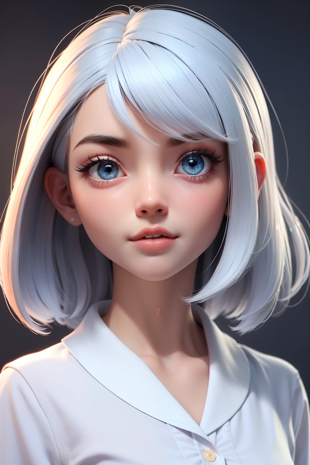 obra-prima, melhor qualidade, trabalho de rending 3d, estilo 3DMM, close-up, retrato, 3D, 1girl, solo, cabelo multicolorido, cabelo castanho, cabelo loiro, colar, sardas, joias, cabelo de dois tons, olhando para o lado, realista, parte superior do corpo, fundo simples e Branco, franja, olhando para longe, cabelo curto, separated-lips, olhos castanhos,gotic, gargantilha, maquiagem, camisa branca,
