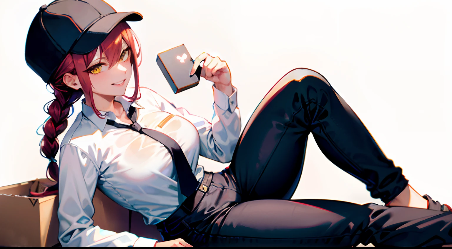 makima\(chainsaw man\), SADISTIC SMIRK, delivery hat, holding a big box, long sleeves, red hair, necktie, large breasts, solo, looking at viewer, thick thighs, pants, black pants, yellow eyes, 1girl, white shirt, braided ponytail, high-waist pants, shirt, braid, shirt tucked in, black necktie, collared shirt,