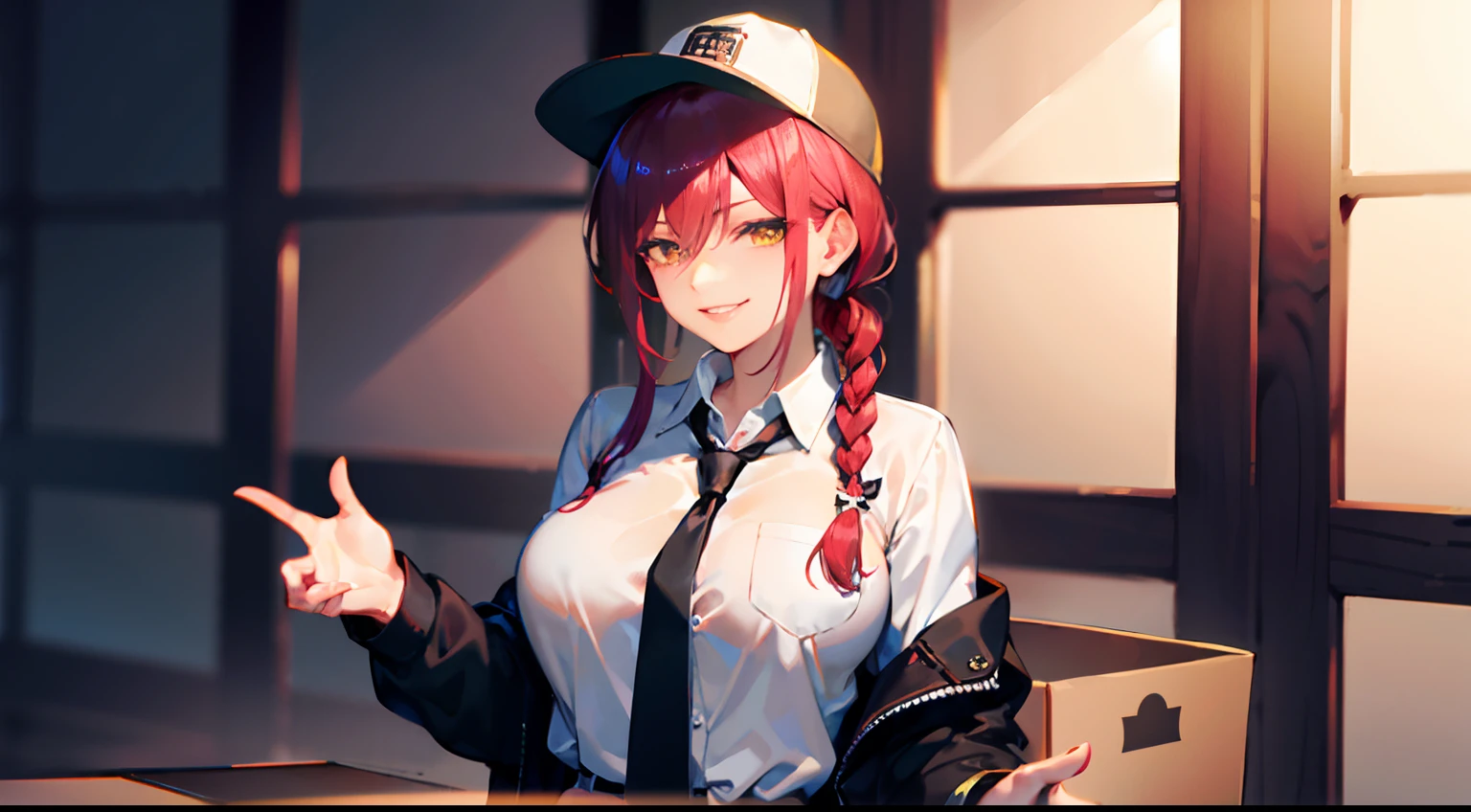 makima\(chainsaw man\), SADISTIC SMIRK, delivery hat, holding a big box, long sleeves, red hair, necktie, large breasts, solo, looking at viewer, thick thighs, pants, black pants, yellow eyes, 1girl, white shirt, braided ponytail, high-waist pants, shirt, braid, shirt tucked in, black necktie, collared shirt,