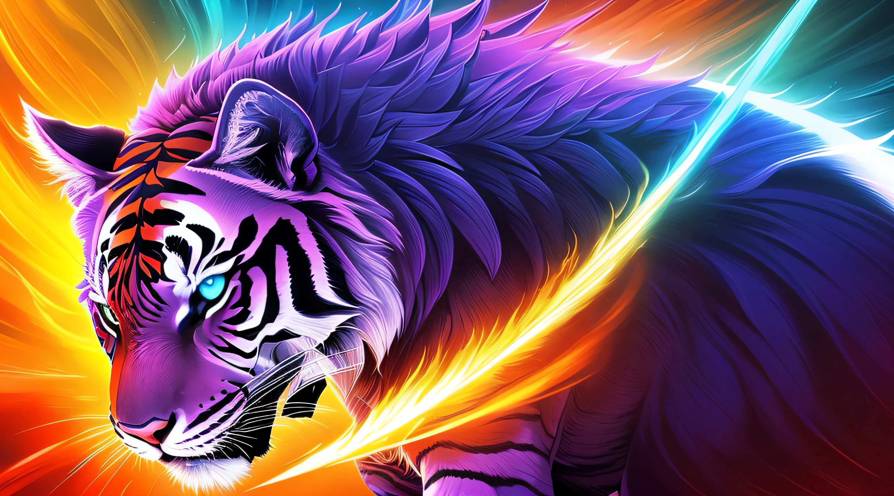 [Tigre Dentes de Sabre]; Arte Digital, estilo fantasia, Boris Vallejo, art-station, intrincado, Cores vibrantes de fantasia azul e roxo, magic lighting, Lentes grande angular, Perspectiva ampla e expansiva