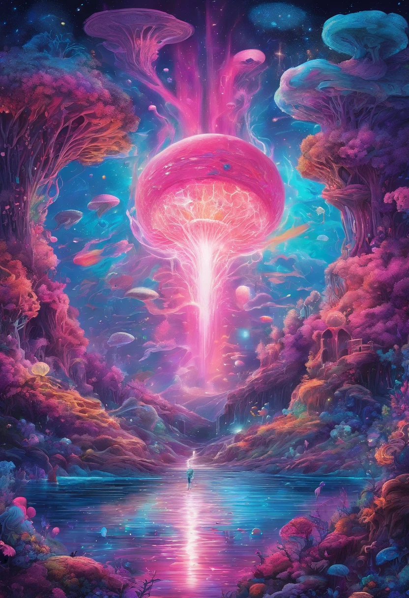 "(best quality,highres,masterpiece:1.2),vivid colors,ultra-detailed,flying jellyfish and whales in space,cosmic landscapes,colorful nebulae,shimmering stars,fragile beauty,otherworldly creatures,ethereal atmosphere,enchanting gravity-defying scene,alien marine life,swimming gracefully in zero gravity,dreamlike composition,surreal celestial ballet,translucent bodies,bioluminescent trails,illuminating the dark abyss,awe-inspiring spectacle,hues of turquoise,indigo and violet,intergalactic exploration,pulsating energy,peaceful coexistence,harmony in the cosmos" pink theme, pink color gradients