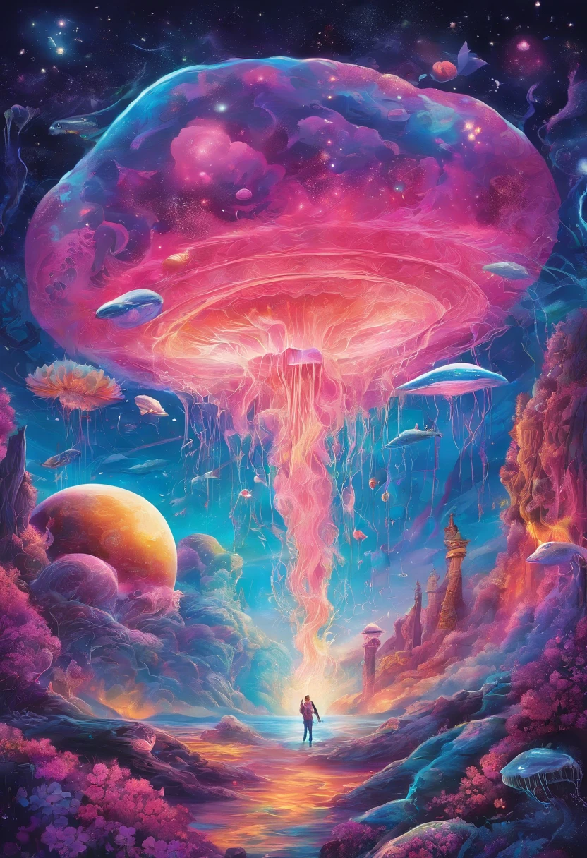 "(best quality,highres,masterpiece:1.2),vivid colors,ultra-detailed,flying jellyfish and whales in space,cosmic landscapes,colorful nebulae,shimmering stars,fragile beauty,otherworldly creatures,ethereal atmosphere,enchanting gravity-defying scene,alien marine life,swimming gracefully in zero gravity,dreamlike composition,surreal celestial ballet,translucent bodies,bioluminescent trails,illuminating the dark abyss,awe-inspiring spectacle,hues of turquoise,indigo and violet,intergalactic exploration,pulsating energy,peaceful coexistence,harmony in the cosmos" pink theme, pink color gradients