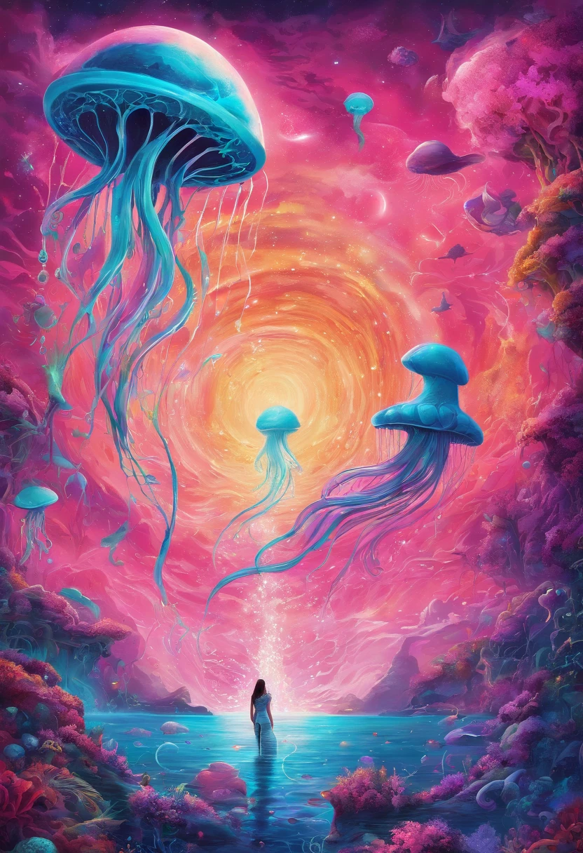 "(best quality,highres,masterpiece:1.2),vivid colors,ultra-detailed,flying jellyfish and whales in space,cosmic landscapes,colorful nebulae,shimmering stars,fragile beauty,otherworldly creatures,ethereal atmosphere,enchanting gravity-defying scene,alien marine life,swimming gracefully in zero gravity,dreamlike composition,surreal celestial ballet,translucent bodies,bioluminescent trails,illuminating the dark abyss,awe-inspiring spectacle,hues of turquoise,indigo and violet,intergalactic exploration,pulsating energy,peaceful coexistence,harmony in the cosmos" pink theme, pink color gradients