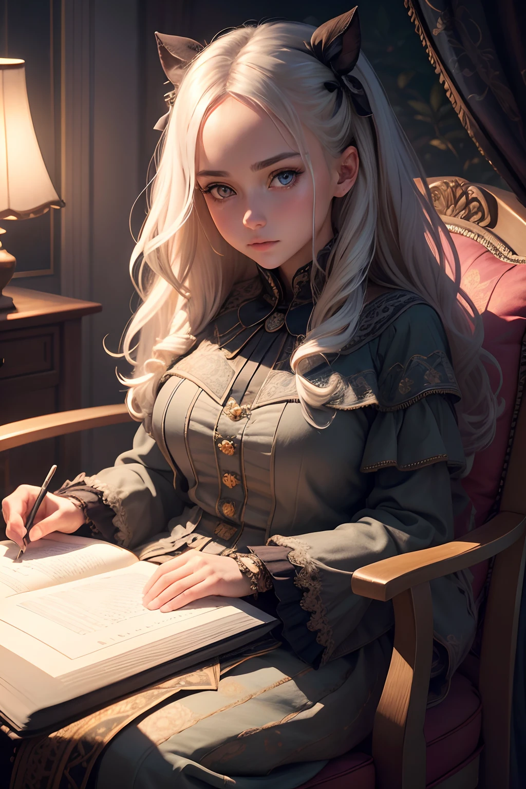 Highly detailed portrait of a beautiful girl, sitting on a comfy chair, reading a luminous bright book, in a dark candlelight room, symmetrical face, symmetrical eyes, looks into the camera, stunning photography, photorealistic, art station, soft pastel colours, highly detailed, intricate, path tracing, illustration, insanely detailed, shadow mapping volumetric light, specular lighting