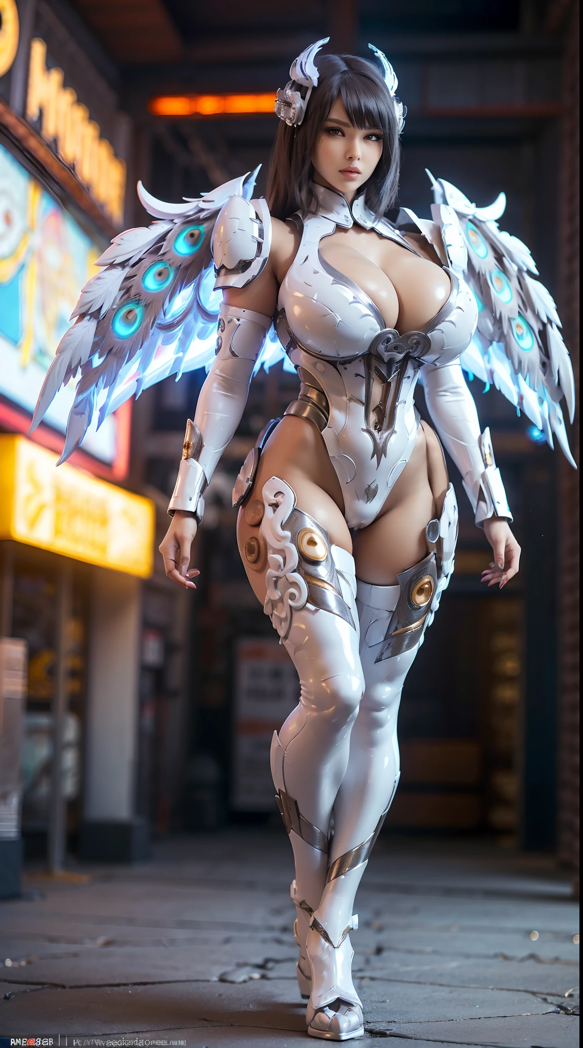 HUGE BOOBS, (WHITE, BLACK, SILVER), (A PAIR LARGEST PEACOCK WINGS), MECHA DRAGON ARMOR, FUTURISTIC LATEX SUIT, (CLEAVAGE), (TALL LEGS), (STANDING), SEXY BODY, MUSCLE ABS, UHD, 8K, 1080P.