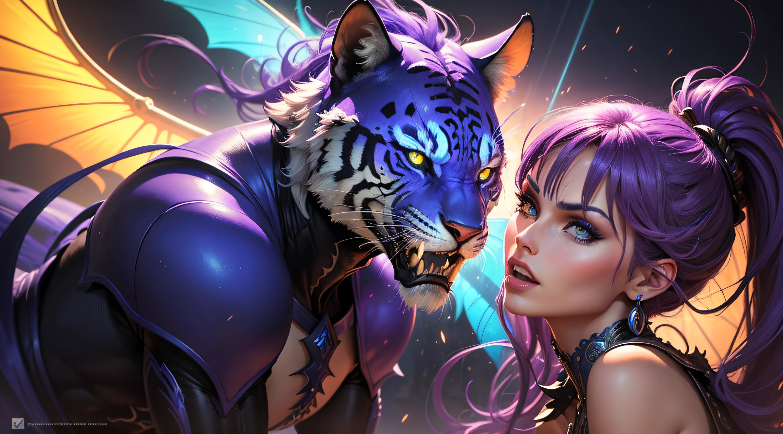 A hot and sexy  female monster in purple outfit inside a forest wildlife playing with a purple lion