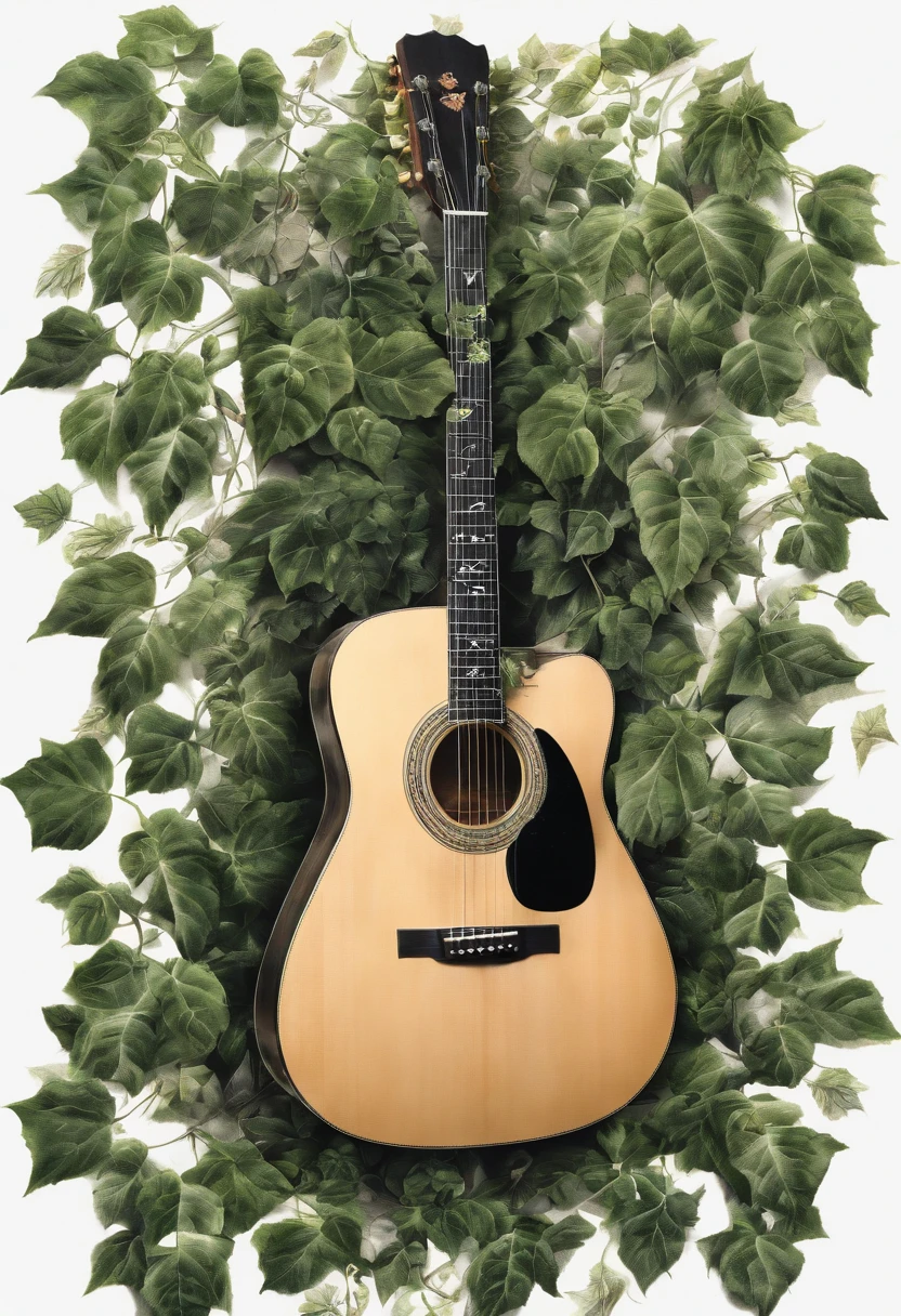 (Best Quality,Realistic),acoustic guitar,Ivy and leaves entangled,artistic,spot light,Black background