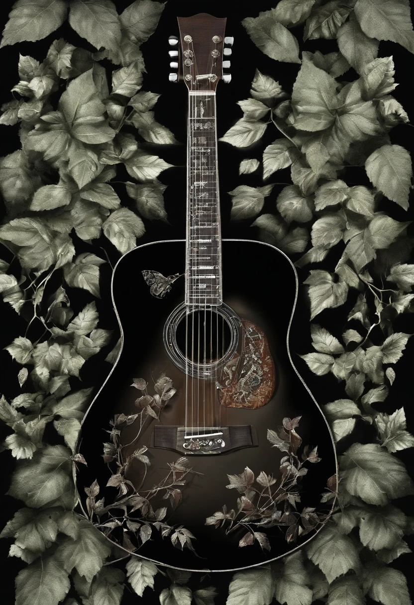 (Best Quality,Realistic),acoustic guitar,Ivy and leaves entangled,artistic,spot light,Black background