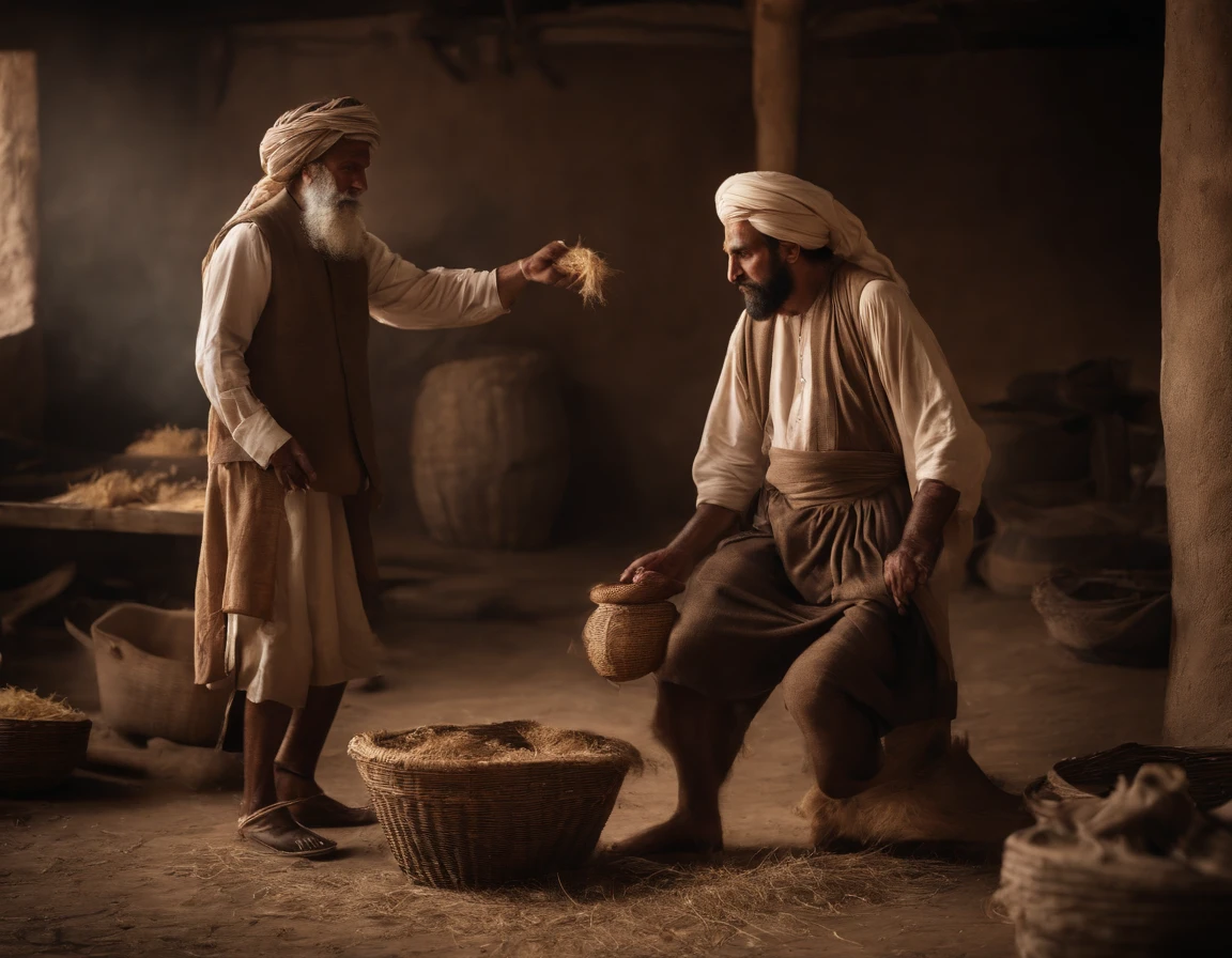 Ancient persia farm. Angry rich man beating poor man farmer.