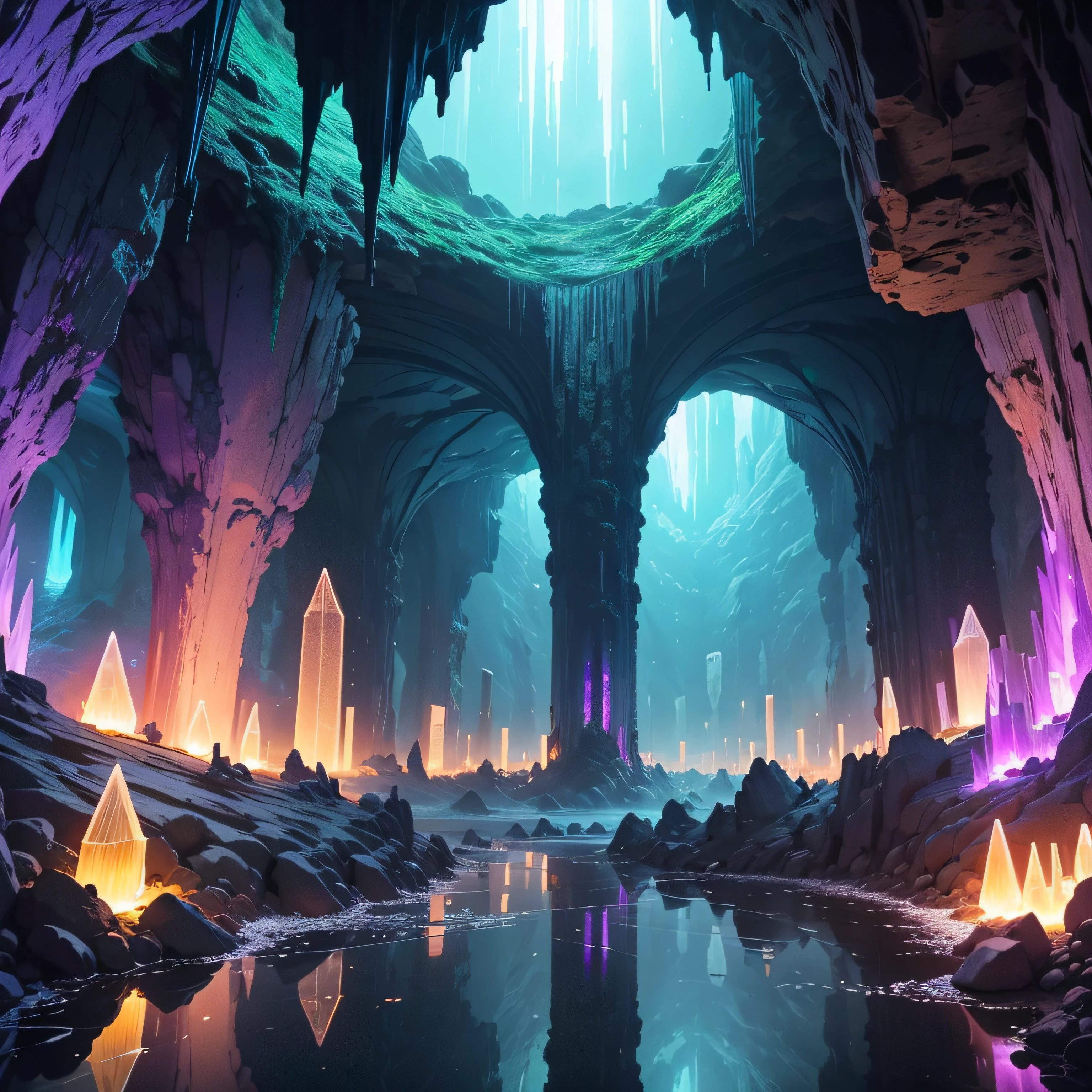 a forgotten underground city carved into the depths of a massive, subterranean crystal cavern. The city's architecture is a blend of natural crystal formations and intricate, ancient structures. Bioluminescent flora and fauna illuminate the cavern's colossal crystals, casting a soft, surreal glow. A network of luminescent pathways connects the city's districts, while aerial trams glide silently through the cavern. As night falls, the city comes alive with a symphony of lights, creating a breathtaking display of colors and reflections. Capture the enchanting and mysterious atmosphere of this hidden underground crystal city