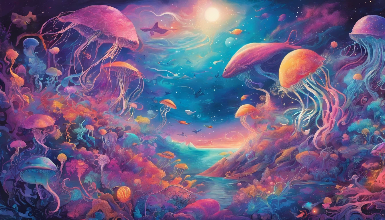 "(best quality,highres,masterpiece:1.2),vivid colors,ultra-detailed,flying jellyfish and whales in space,cosmic landscapes,colorful nebulae,shimmering stars,fragile beauty,otherworldly creatures,ethereal atmosphere,enchanting gravity-defying scene,alien marine life,swimming gracefully in zero gravity,dreamlike composition,surreal celestial ballet,translucent bodies,bioluminescent trails,illuminating the dark abyss,awe-inspiring spectacle,hues of turquoise,indigo and violet,intergalactic exploration,pulsating energy,peaceful coexistence,harmony in the cosmos" pink theme, pink color gradients