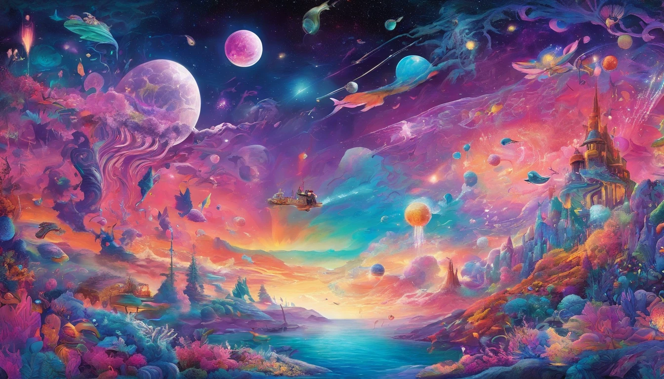 "(best quality,highres,masterpiece:1.2),vivid colors,ultra-detailed,flying jellyfish and whales in space,cosmic landscapes,colorful nebulae,shimmering stars,fragile beauty,otherworldly creatures,ethereal atmosphere,enchanting gravity-defying scene,alien marine life,swimming gracefully in zero gravity,dreamlike composition,surreal celestial ballet,translucent bodies,bioluminescent trails,illuminating the dark abyss,awe-inspiring spectacle,hues of turquoise,indigo and violet,intergalactic exploration,pulsating energy,peaceful coexistence,harmony in the cosmos" pink theme, pink color gradients