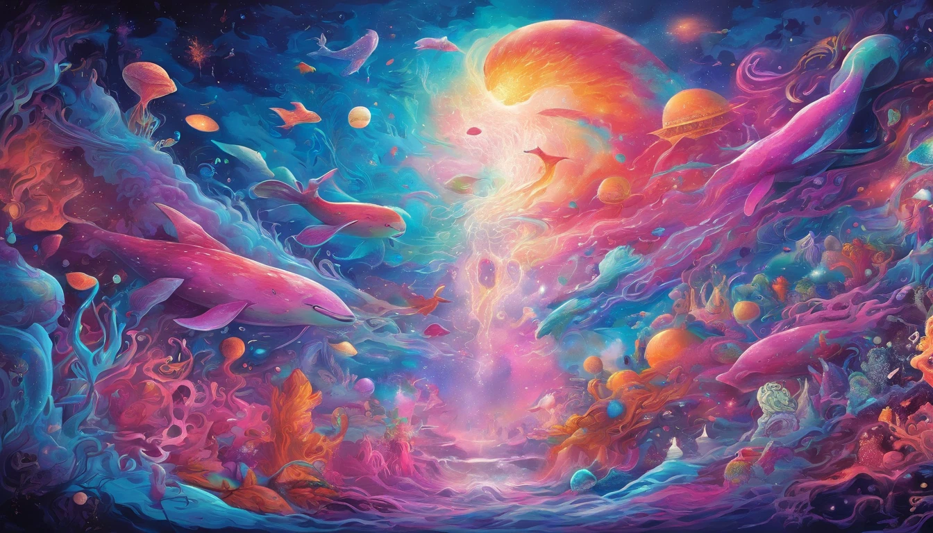 "(best quality,highres,masterpiece:1.2),vivid colors,ultra-detailed,flying jellyfish and whales in space,cosmic landscapes,colorful nebulae,shimmering stars,fragile beauty,otherworldly creatures,ethereal atmosphere,enchanting gravity-defying scene,alien marine life,swimming gracefully in zero gravity,dreamlike composition,surreal celestial ballet,translucent bodies,bioluminescent trails,illuminating the dark abyss,awe-inspiring spectacle,hues of turquoise,indigo and violet,intergalactic exploration,pulsating energy,peaceful coexistence,harmony in the cosmos" pink theme, pink color gradients