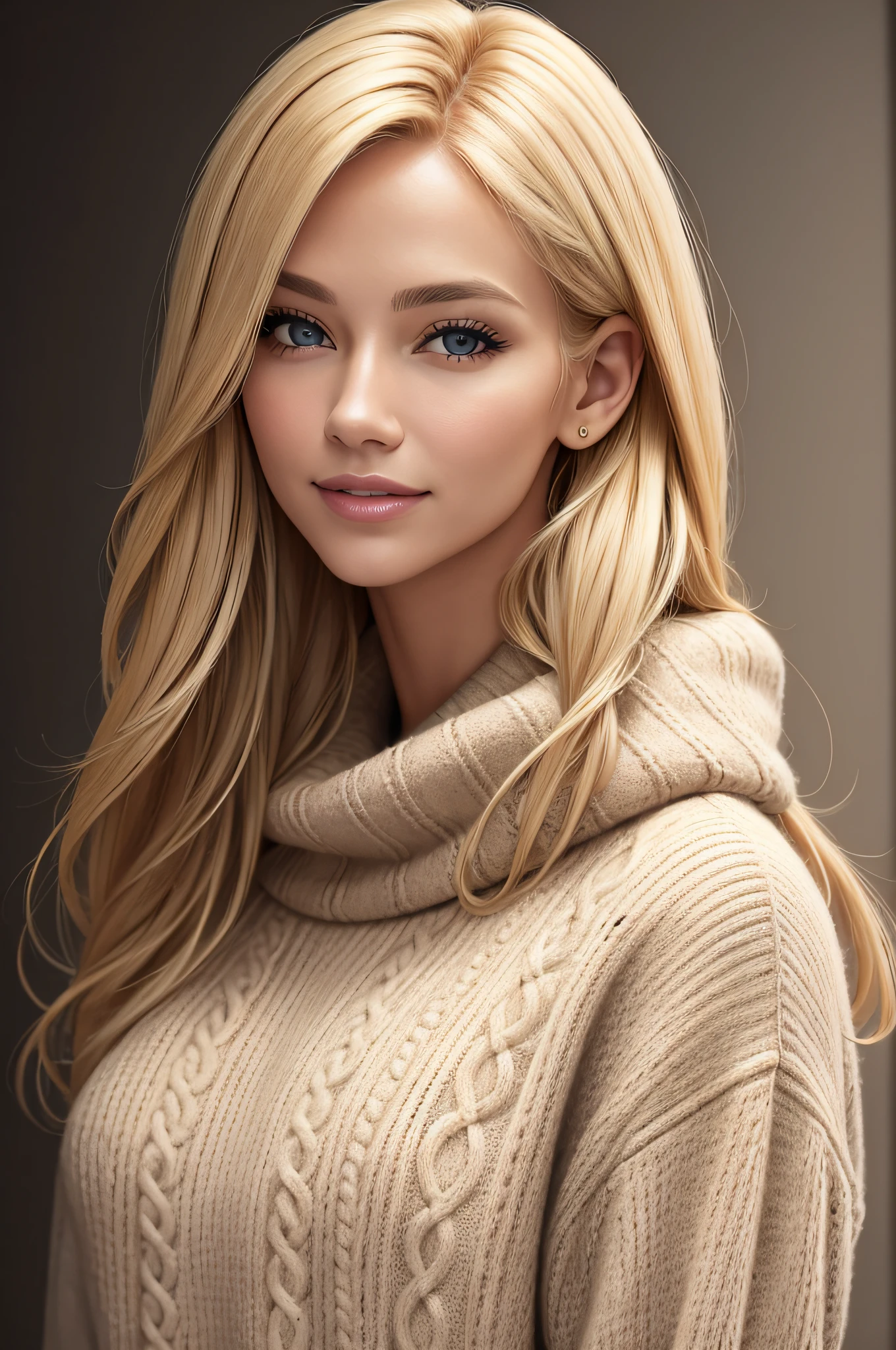 Portrait of a model woman with blond hair in a warm designer sweater, in the style of branded clothing, With the sweater in full view, Panasonic GH5, happy expressions, low key image, sharp texture - Image #2 @SlengSleng