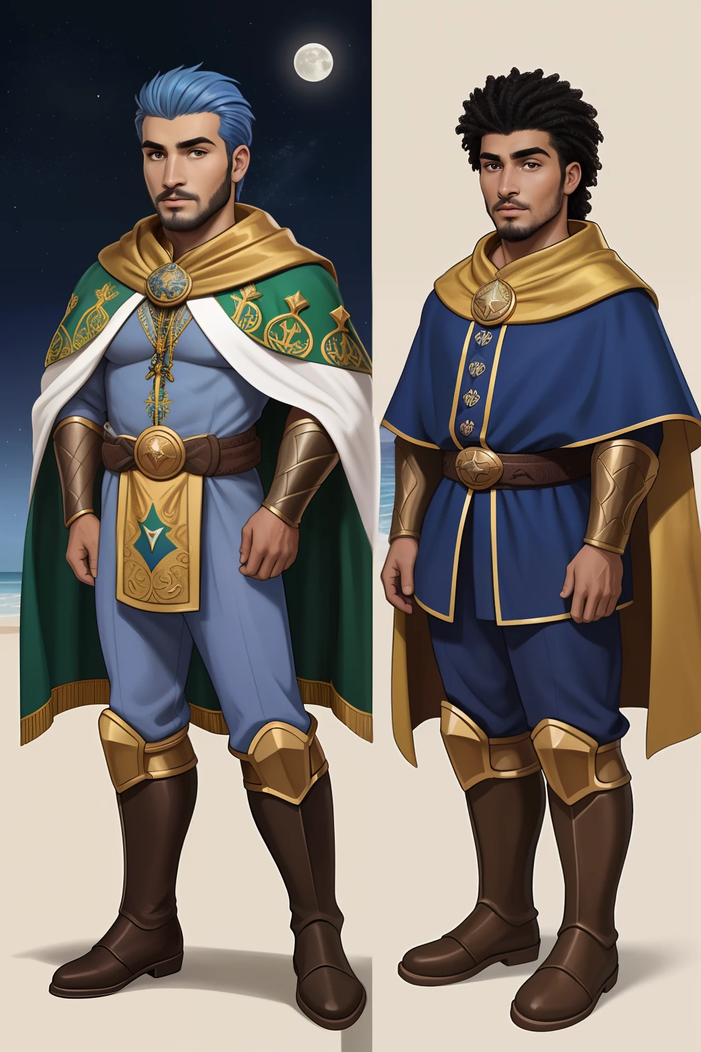 Character description: Star of Cape Verde is a hero inspired by the colors and symbols of the flag of Cape Verde. Ele personifica os valores de paz, unidade, Determination and spirit of the Cape Verdean people. His costume is a living representation of the culture and identity of the archipelago.
allure:
Cores: The top of the Cape Verde Star costume is deep blue, simbolizando o oceano que cerca as ilhas. The chest and the central part are white, representando a paz e a unidade do povo cabo-verdiano. The sleeves and legs are red, denoting determination and spirit.
Estrelas Douradas: Ten gold stars are prominently displayed at the top of the costume, ao longo do peito e ombros, representando as 10 principais ilhas de Cabo Verde. Each star is carefully detailed and shines brightly against the background.
Star Belt: Um cinto largo, also golden, is worn around the waist, incorporando elementos tribais discretos no seu design, referencing the cultural heritage of Cape Verde.
Estilo:
Vista de Corpo Inteiro: Cape Verde star is depicted in frontal view, vista lateral e vista traseira, with multiple views and poses.
Estilo de Roupa: It maintains the same style of clothing in all views, maintaining fidelity to the flag of Cape Verde.
Estilo de Cabelo: Her hair is short and stylishly combed, staying true to Cape Verdean culture.
Type of Footwear: He wears a sturdy and practical type of footwear, adequado para aventuras.
Personalidade:
Cape Verde star is a proud hero of his roots and is dedicated to protecting Moon silvershade , Color Parts , caderno de desenho , dark sketch , corajoso e realista , mistura de linhas escuras e no papel , Rotating character sheet , corpo inteiro , mysterious symbols , Discurso , Tema escuro , light blue hair partially braided fluttering , lindas , Bonito , roupas de couro acolchoadas bordadas com Discurso , Modesto , botas de couro bordadas com Discurso ,Pintura digital.