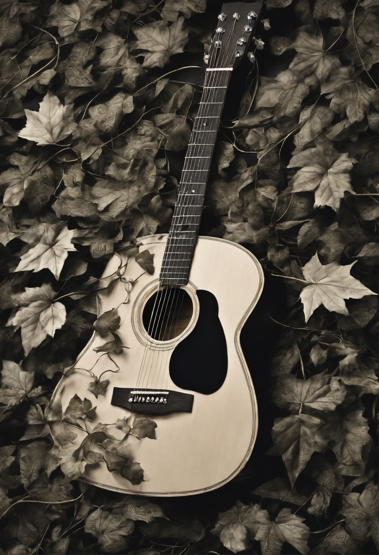 (Best Quality,Realistic),acoustic guitar,Ivy and leaves entangled,artistic,spot light,Black background