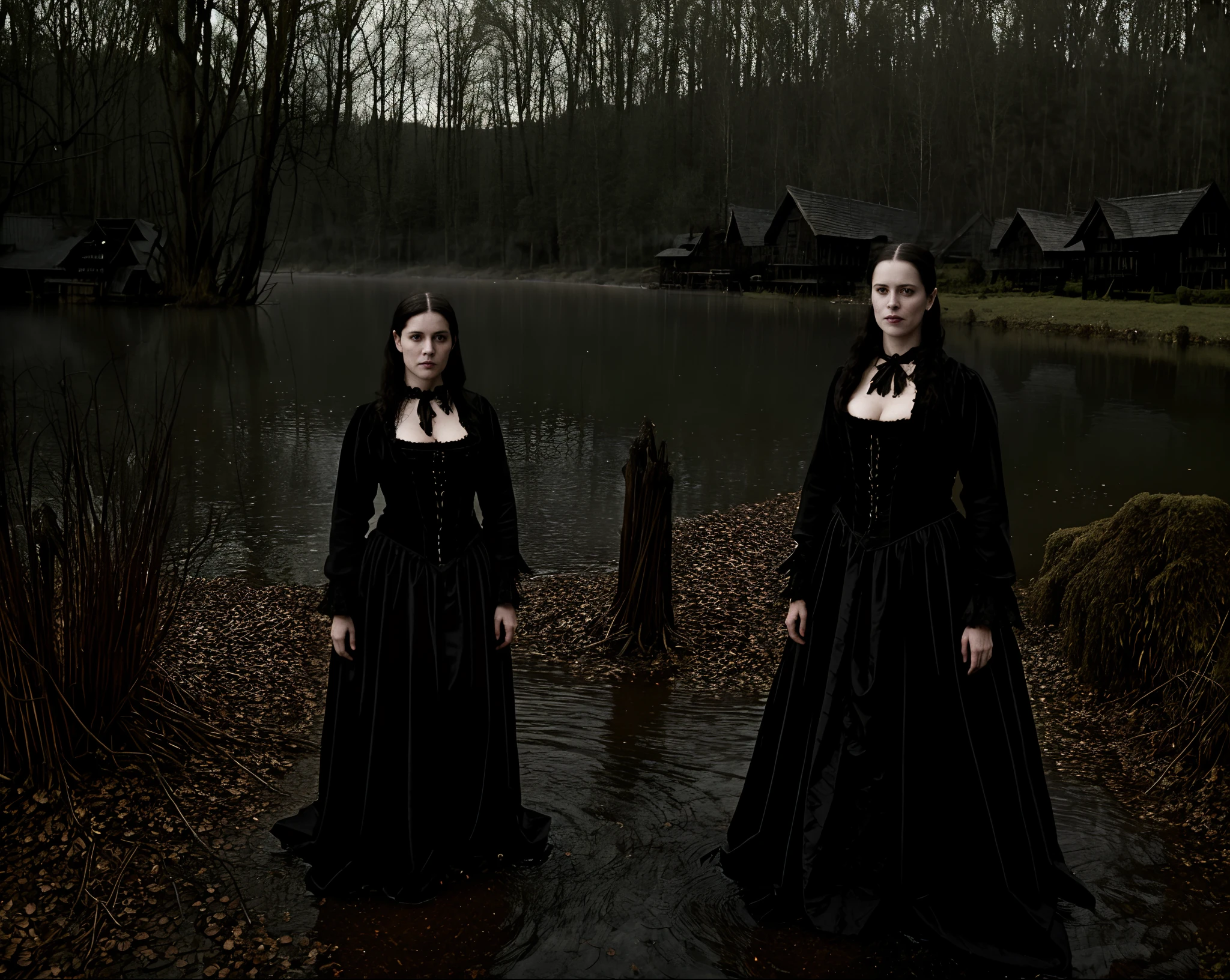 by TimBurton realistic, a photo of a gothic horror woman in a black lake, beautiful woman, unsettling horror, professional, (Extremely Detailed:1.2), glow effects, godrays, intricate details, sharp focus, dramatic, photorealistic, tribal village, wooden village, burning forest background, sharp contrast, many colours, serious face, smirking,