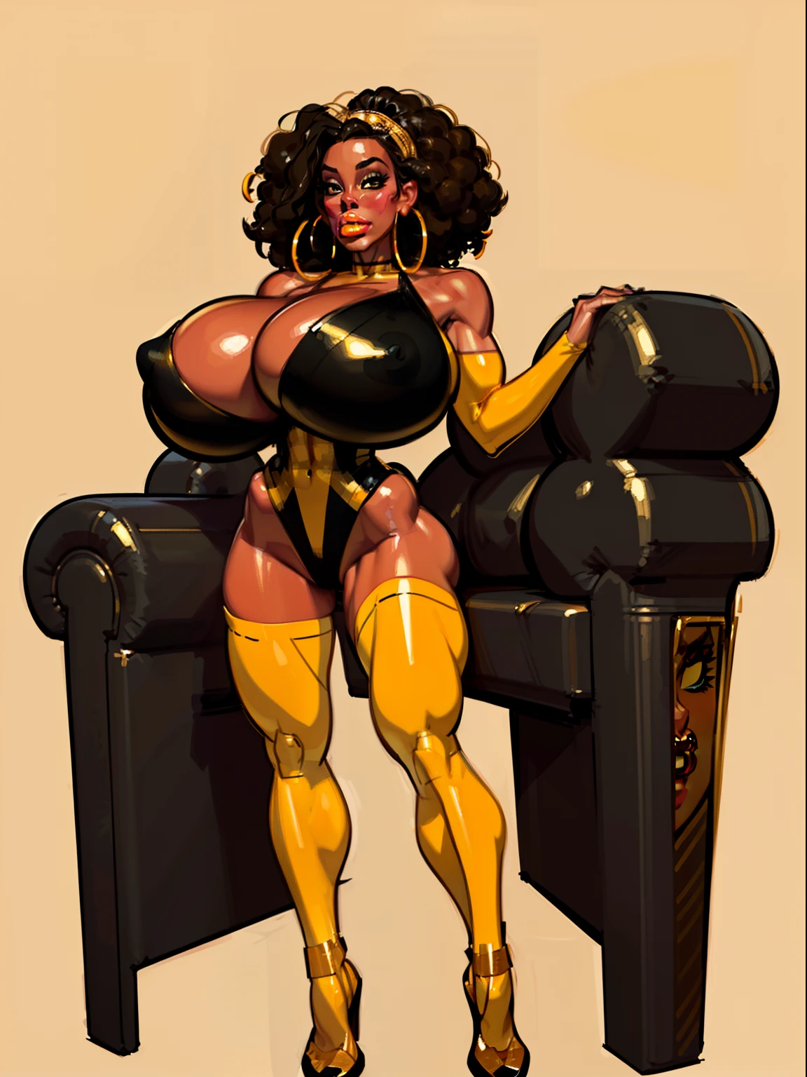 ((masterpiece)),(((best quality))),((character sheet)), ((full body view)) ((black woman)) ((afro combed to sides)) ((seductive pose)) mature face, defined cheekbones, high cheekbones, illustration, girl, muscular, ((afro:1.4)), sexy bimbo, (gigantic breasts:1.7) black hair, ((detailed face:1.4)) beautiful woman, (yellow leotard:1.4), (gold hoop earrings:1.6), (thighhighs:1.4) (yellow lips:1.6) , shiny skin, scribbles and marks,(puffy lips:1.5) , rough sketches, 8k,16k, (simple background, white background: 1.3), yellow and black color palette, brown legs, orange arms, (black skin:1.7)