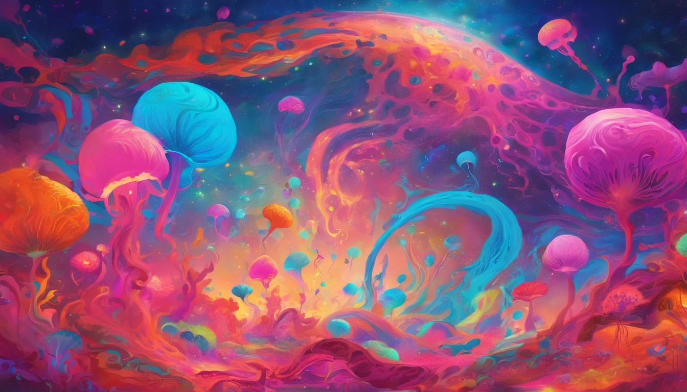 "(best quality,highres,masterpiece:1.2),vivid colors,ultra-detailed,flying jellyfish and whales in space,cosmic landscapes,colorful nebulae,shimmering stars,fragile beauty,otherworldly creatures,ethereal atmosphere,enchanting gravity-defying scene,alien marine life,swimming gracefully in zero gravity,dreamlike composition,surreal celestial ballet,translucent bodies,bioluminescent trails,illuminating the dark abyss,awe-inspiring spectacle,hues of turquoise,indigo and violet,intergalactic exploration,pulsating energy,peaceful coexistence,harmony in the cosmos" pink theme, pink color gradients