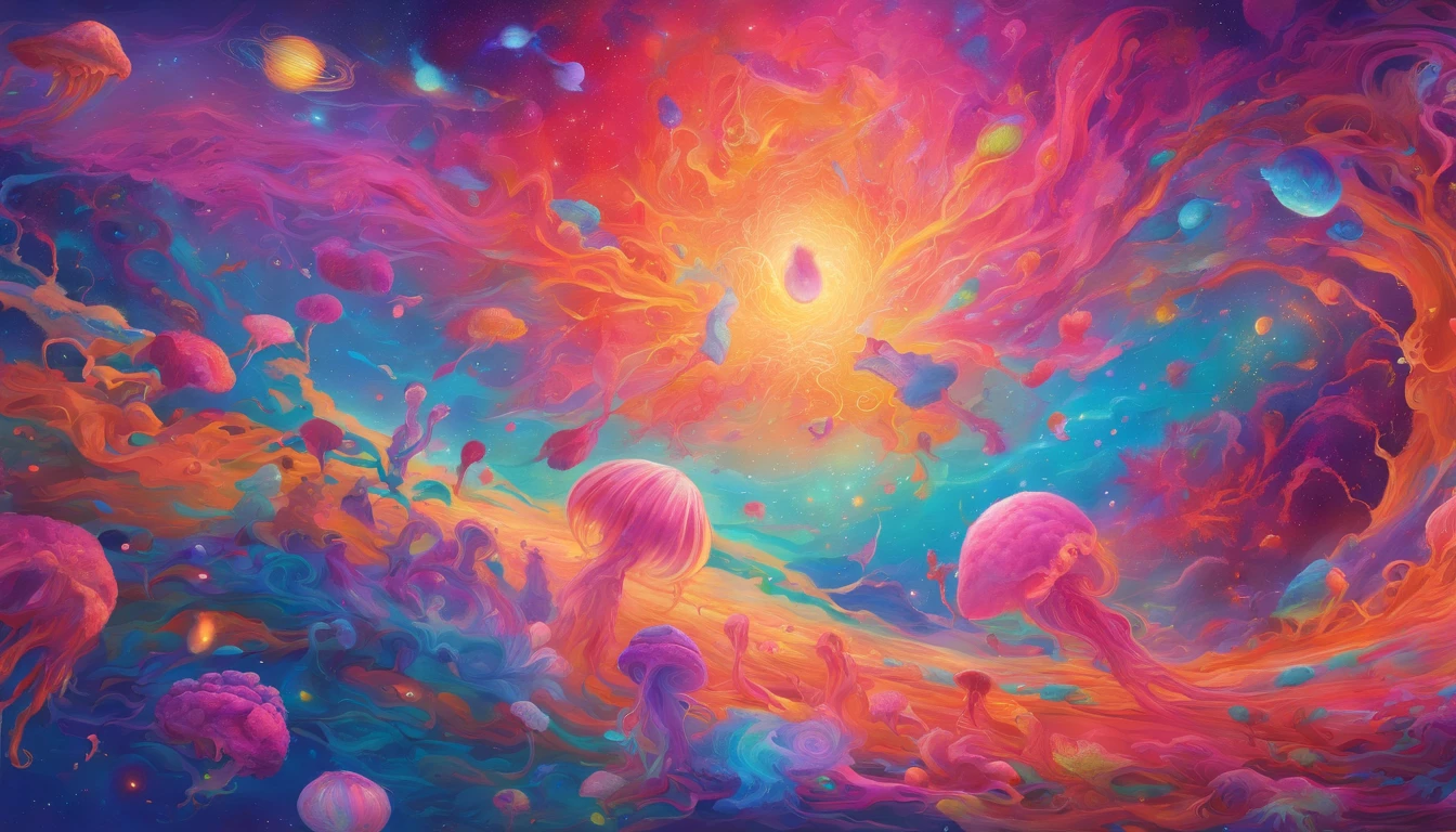 "(best quality,highres,masterpiece:1.2),vivid colors,ultra-detailed,flying jellyfish and whales in space,cosmic landscapes,colorful nebulae,shimmering stars,fragile beauty,otherworldly creatures,ethereal atmosphere,enchanting gravity-defying scene,alien marine life,swimming gracefully in zero gravity,dreamlike composition,surreal celestial ballet,translucent bodies,bioluminescent trails,illuminating the dark abyss,awe-inspiring spectacle,hues of turquoise,indigo and violet,intergalactic exploration,pulsating energy,peaceful coexistence,harmony in the cosmos" pink theme, pink color gradients