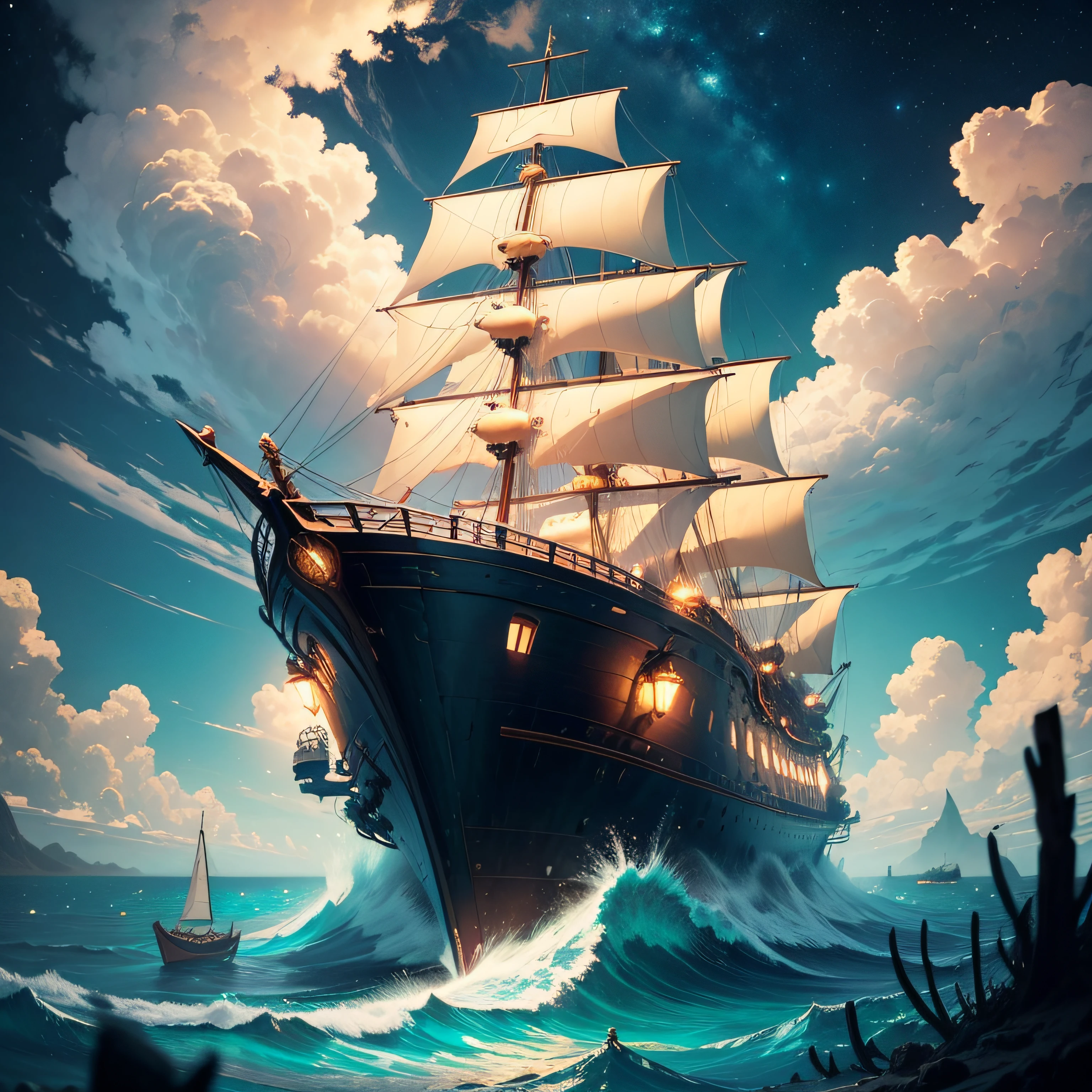 the crew of the Thousand Sunny embarking on a legendary adventure to discover a hidden island shrouded in mystery. The ship sails through a surreal sea filled with colossal sea creatures and surreal phenomena. Above, the sky is a canvas of swirling colors and strange constellations. At the center of this voyage, the crew encounters a massive, living island that hides the entrance to a forgotten city. As they explore the city's winding streets, they uncover the secrets of an ancient civilization. Capture the sense of wonder and grandeur of this 'One Piece' adventure