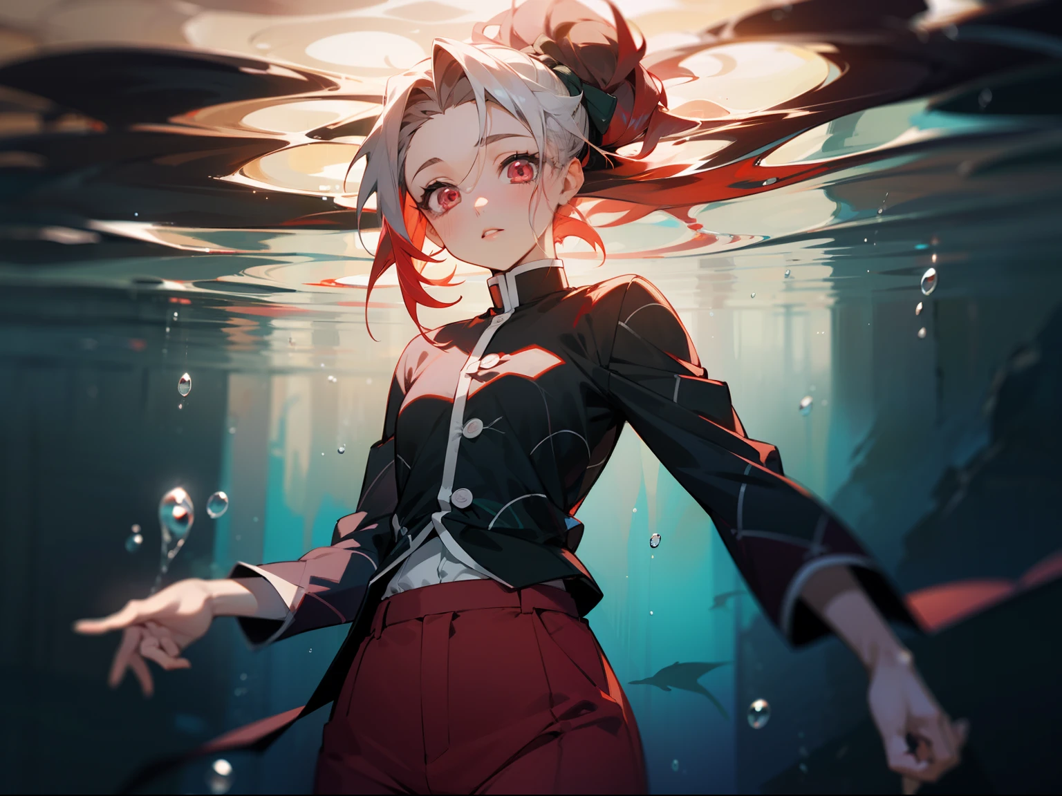 young anime girl underwater, completely submerged, short hair, hair tied back, white colored hair, red colored eyes, glowing red eyes, medium chest, small thighs, big body, strong body, kimetsu no yaiba clothes art style, red colored haori, red colored pants, air bubbles, realistic water, detailed clothes, anime art style, kimetsu no yaiba art style, paster colors, color palette blue and red, sharp focus, 4k masterpiece, HDR, UHD, detailed eyes, detailed lips, dark ambience, beautiful lighting, realistic shadows