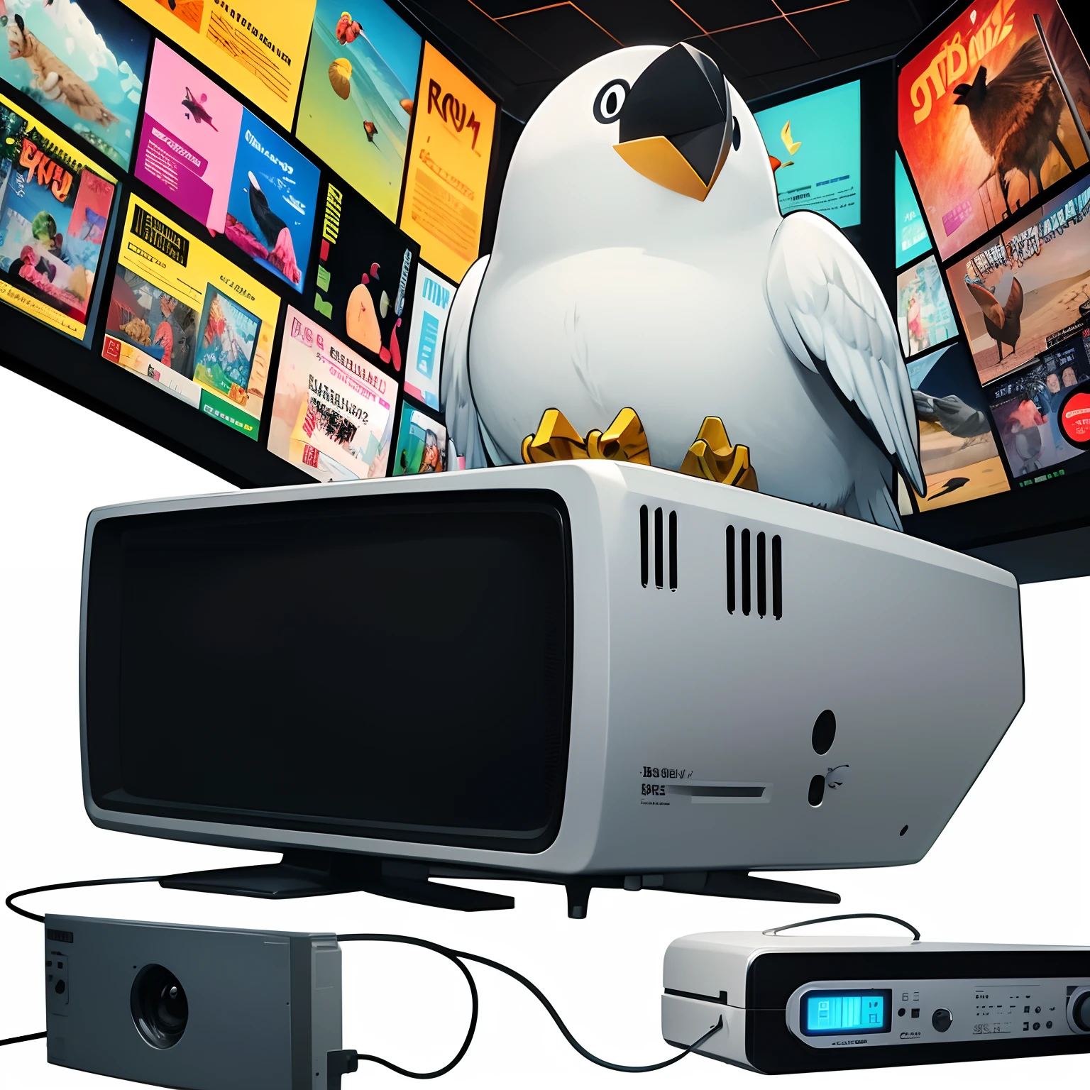 (animal), bird, robot bird, television on back, comic, cartoon, white background