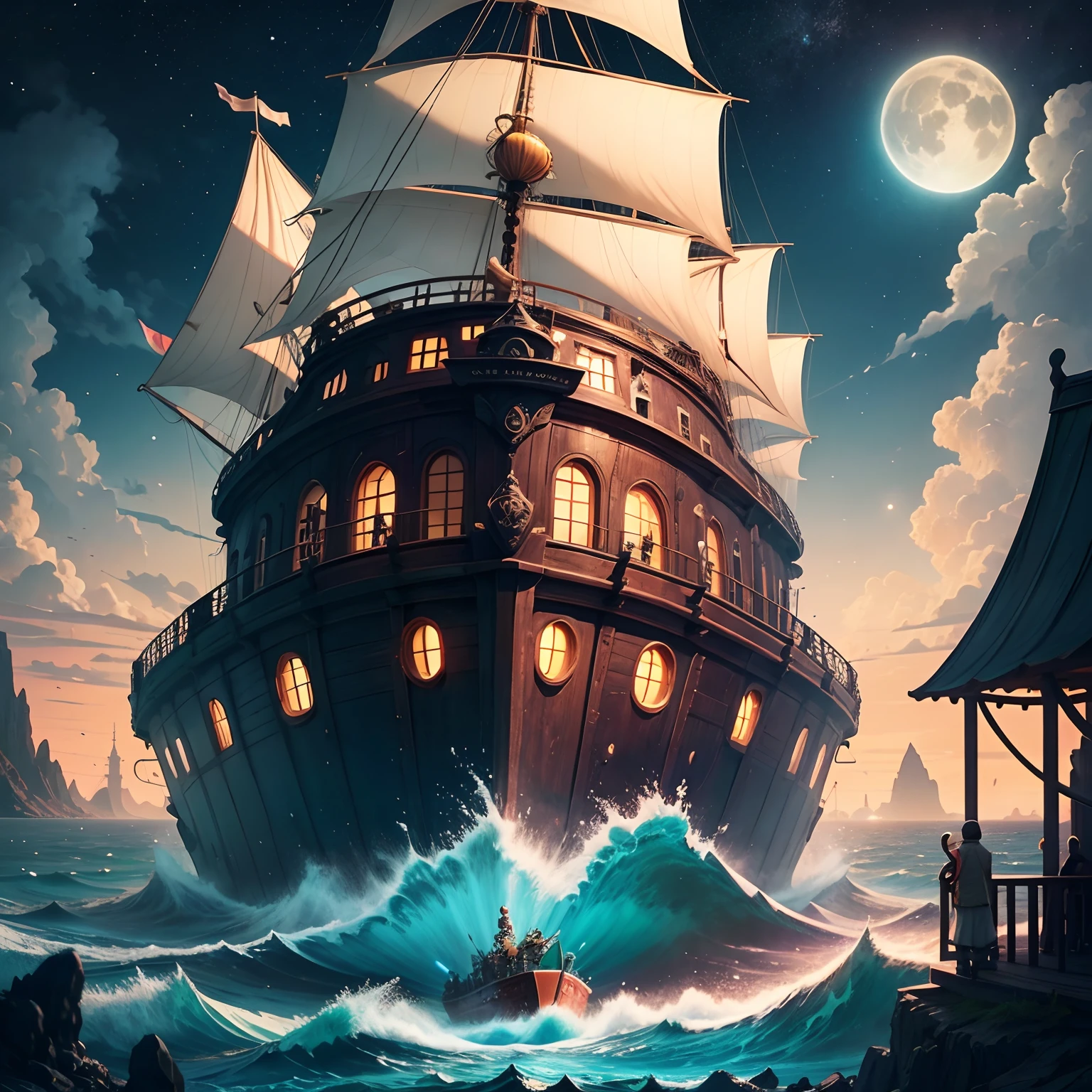 the crew of the Thousand Sunny embarking on a legendary adventure to discover a hidden island shrouded in mystery. The ship sails through a surreal sea filled with colossal sea creatures and surreal phenomena. Above, the sky is a canvas of swirling colors and strange constellations. At the center of this voyage, the crew encounters a massive, living island that hides the entrance to a forgotten city. As they explore the city's winding streets, they uncover the secrets of an ancient civilization. Capture the sense of wonder and grandeur of this 'One Piece' adventure night scene with bright moon