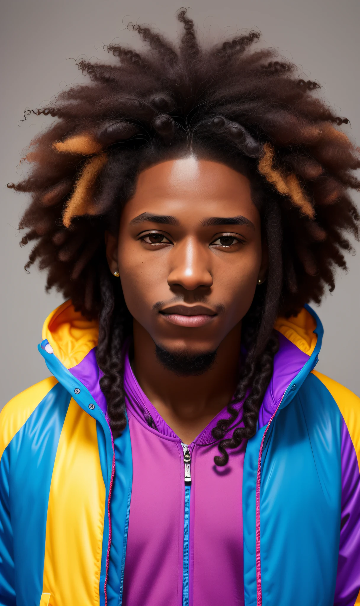 colorful jacket with hood and zipper, black man with afro hair, a black man with long curly hair, west african man with curly hair, colorful portrait, 4k colored photo portrait, long afro hair, detailed portrait photo, with afro, 8k portrait photo, young man with purple hood, young black hip hop cute, close-up portrait photo